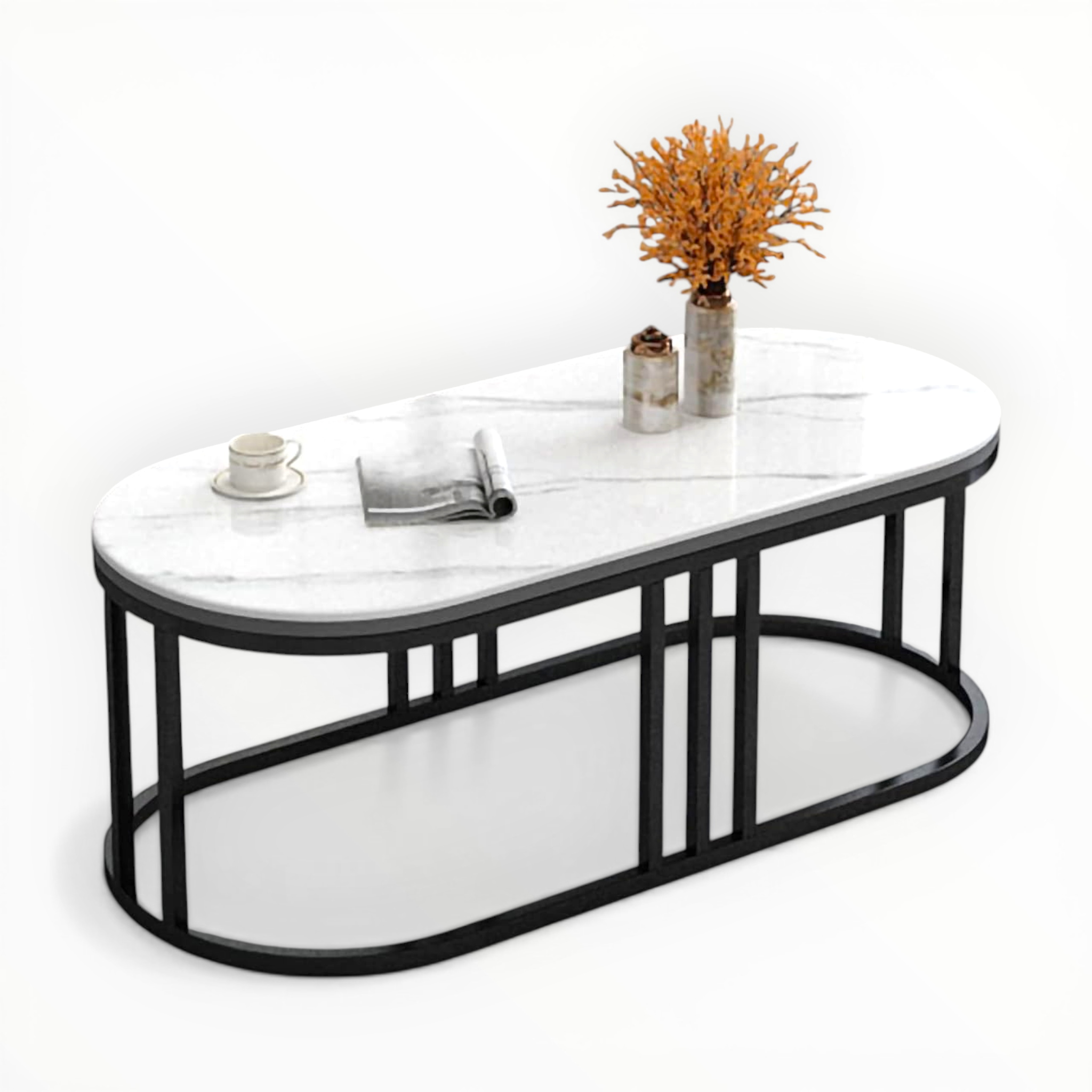Arcade Oval Coffee Table | Marble-Finish Tile Top & Colonnade Metal Base