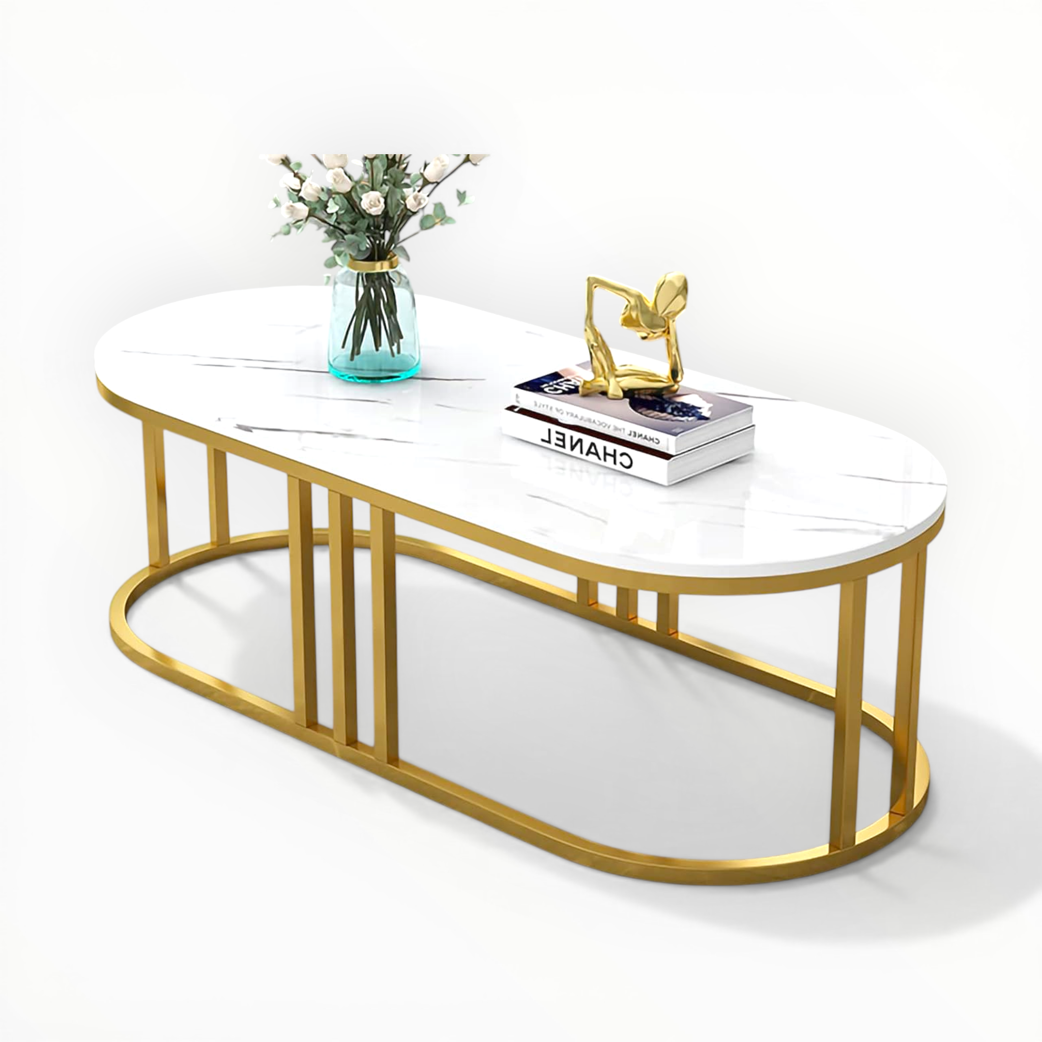 Coffee table with gold frame and white marble top on a white background
