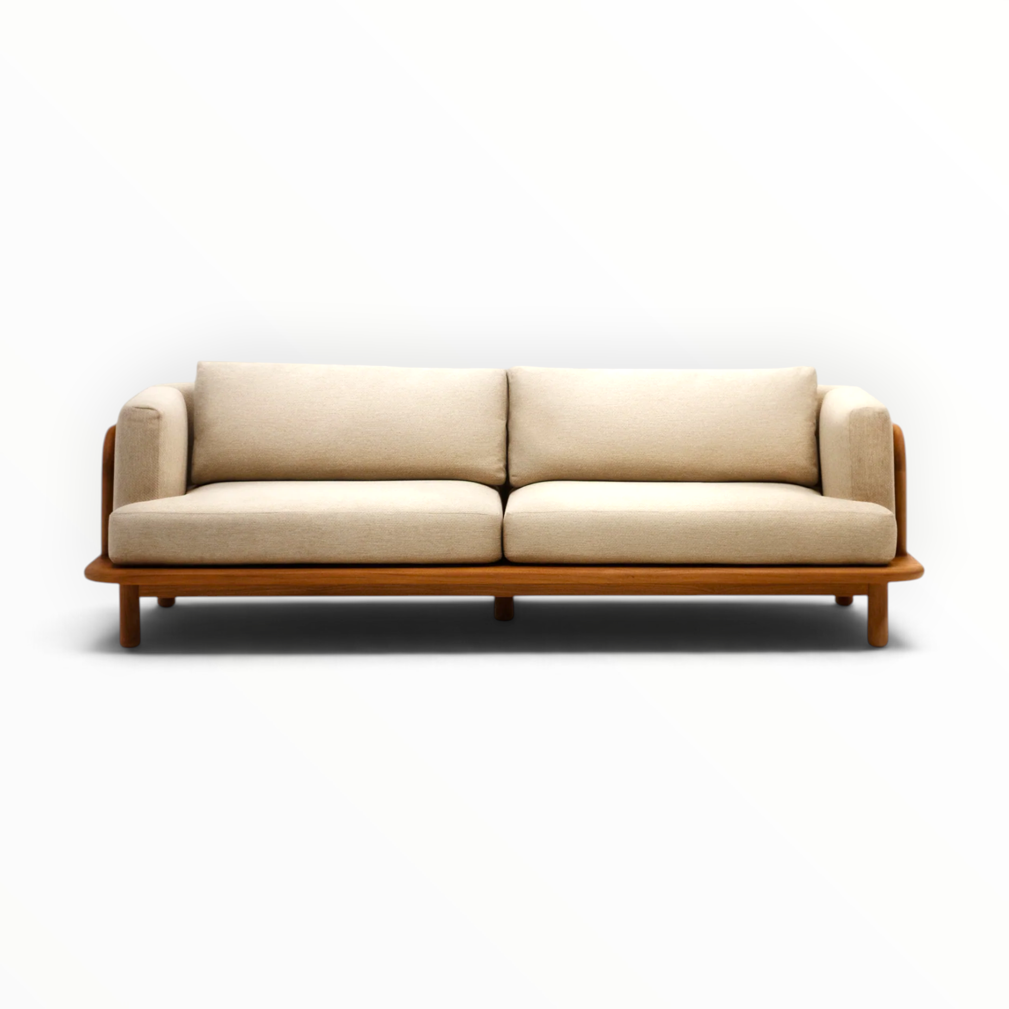 Arcadia teakwood sofa angled view showing teak frame arm detail and floating platform base - Woodkraft Studio Hyderabad