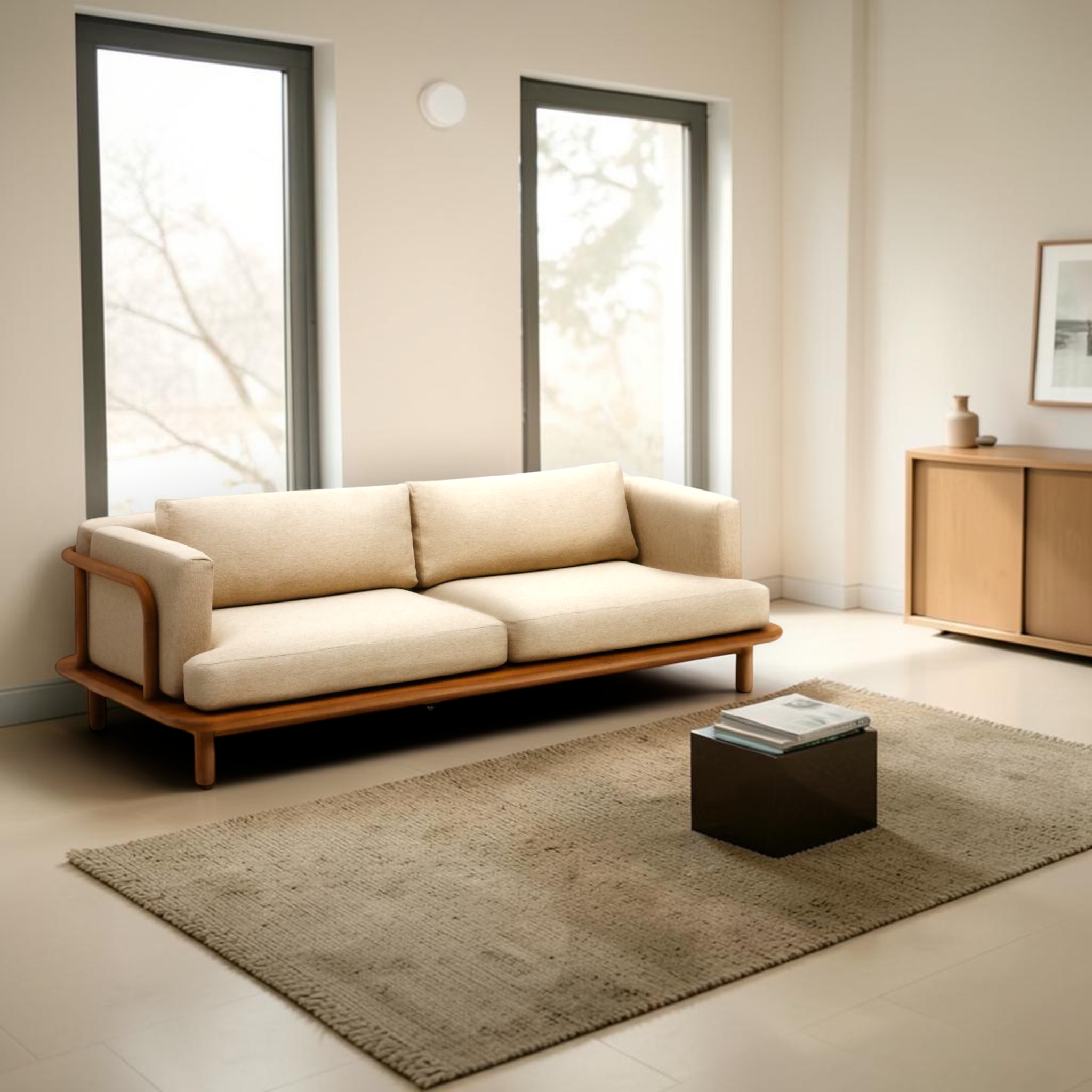 Arcadia solid teakwood 3 seater sofa front view with beige upholstery - Woodkraft Studio Hyderabad