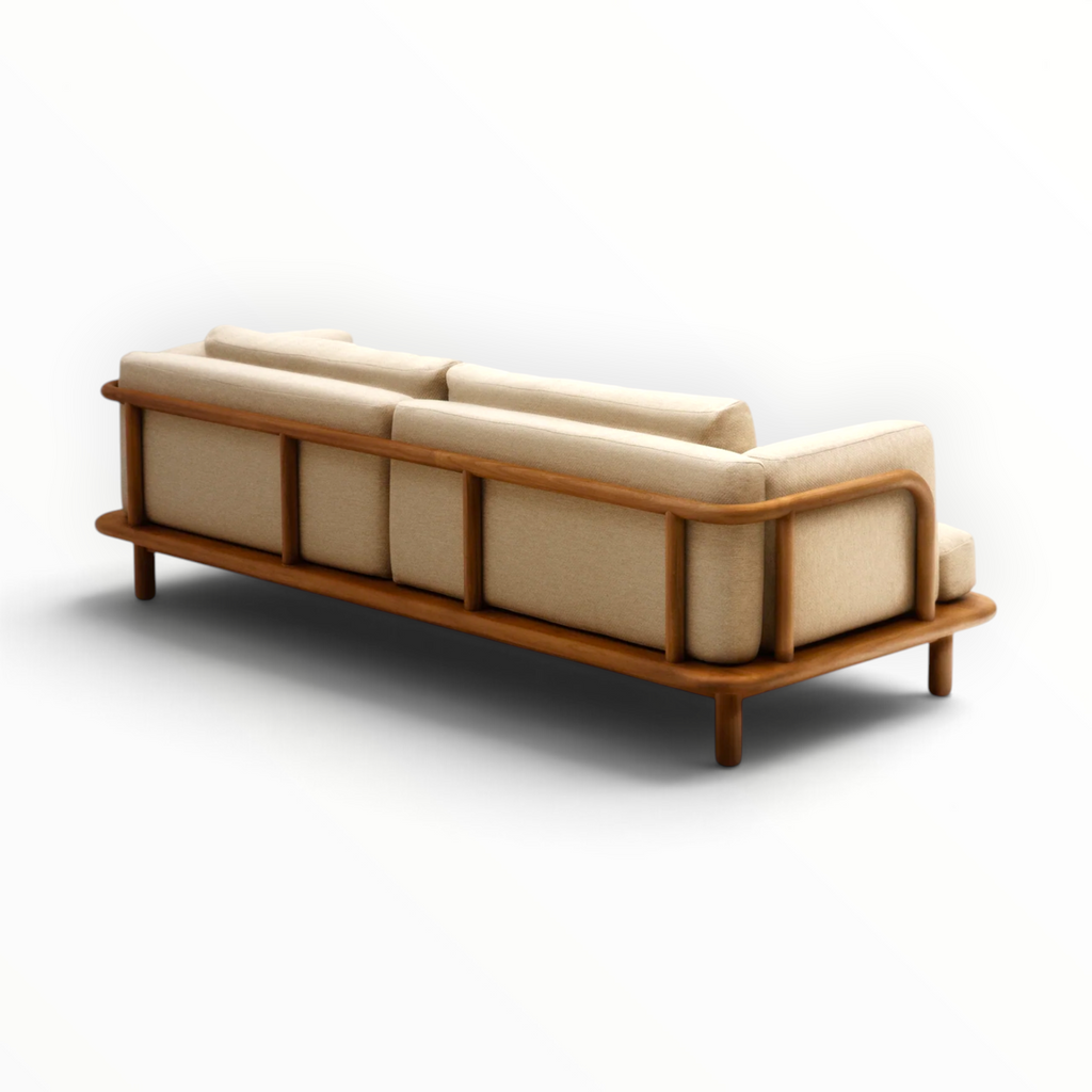 Arcadia 3 seater teakwood sofa rear view showing upholstered back panels within teak frame — Woodkraft Studio Hyderabad