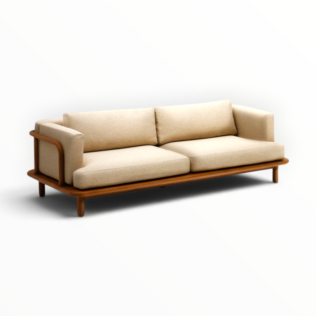 Arcadia 3 seater sofa close-up of beige woven seat cushion and solid teak platform base — Woodkraft Studio Hyderabad