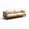 Arcadia 3 seater sofa close-up of beige woven seat cushion and solid teak platform base — Woodkraft Studio Hyderabad