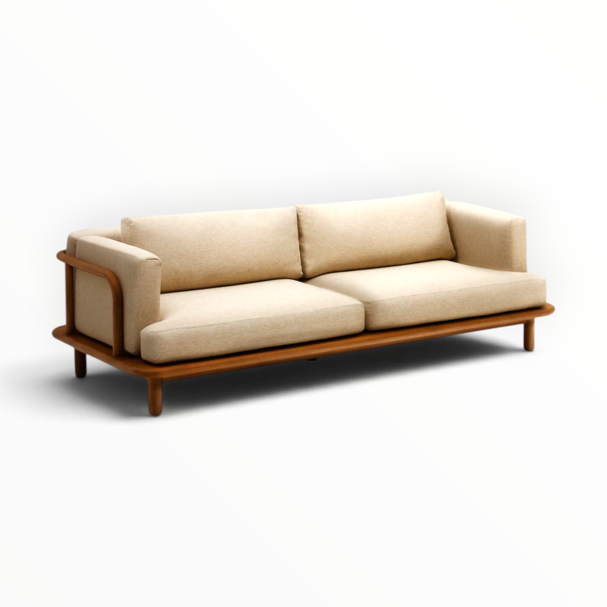 Arcadia teakwood 3 seater sofa close-up of seat cushion and solid teak platform base - Woodkraft Studio Hyderabad