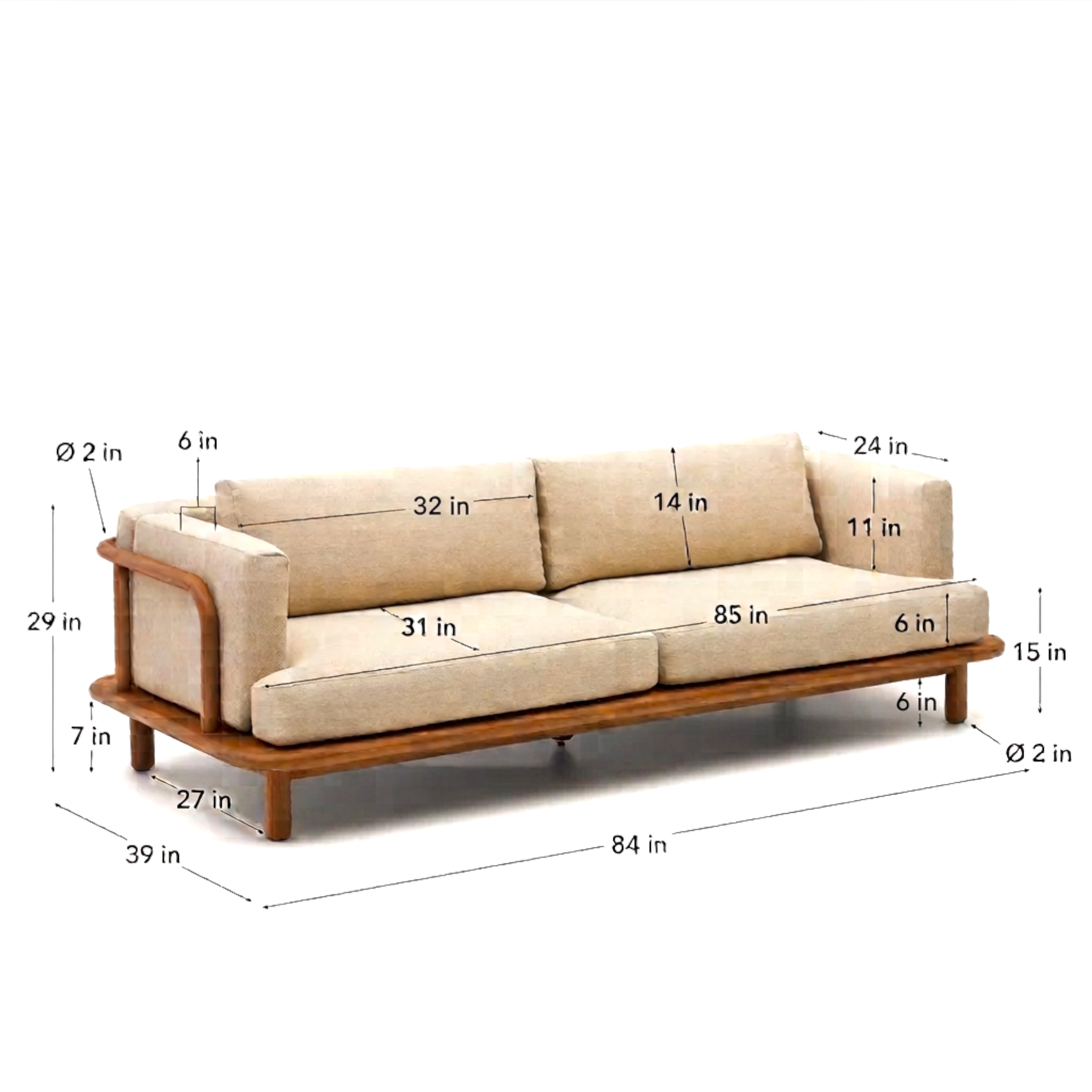 Arcadia 3 seater sofa dimension diagram showing 84 inch length and 29 inch height - Woodkraft Studio Hyderabad