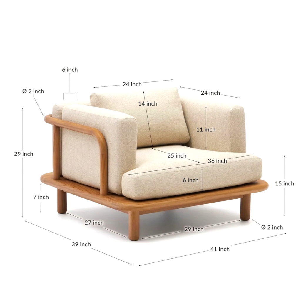 Arcadia solid teakwood lounge chair front facing view with cream upholstery and teak platform base — Woodkraft Studio Hyderabad