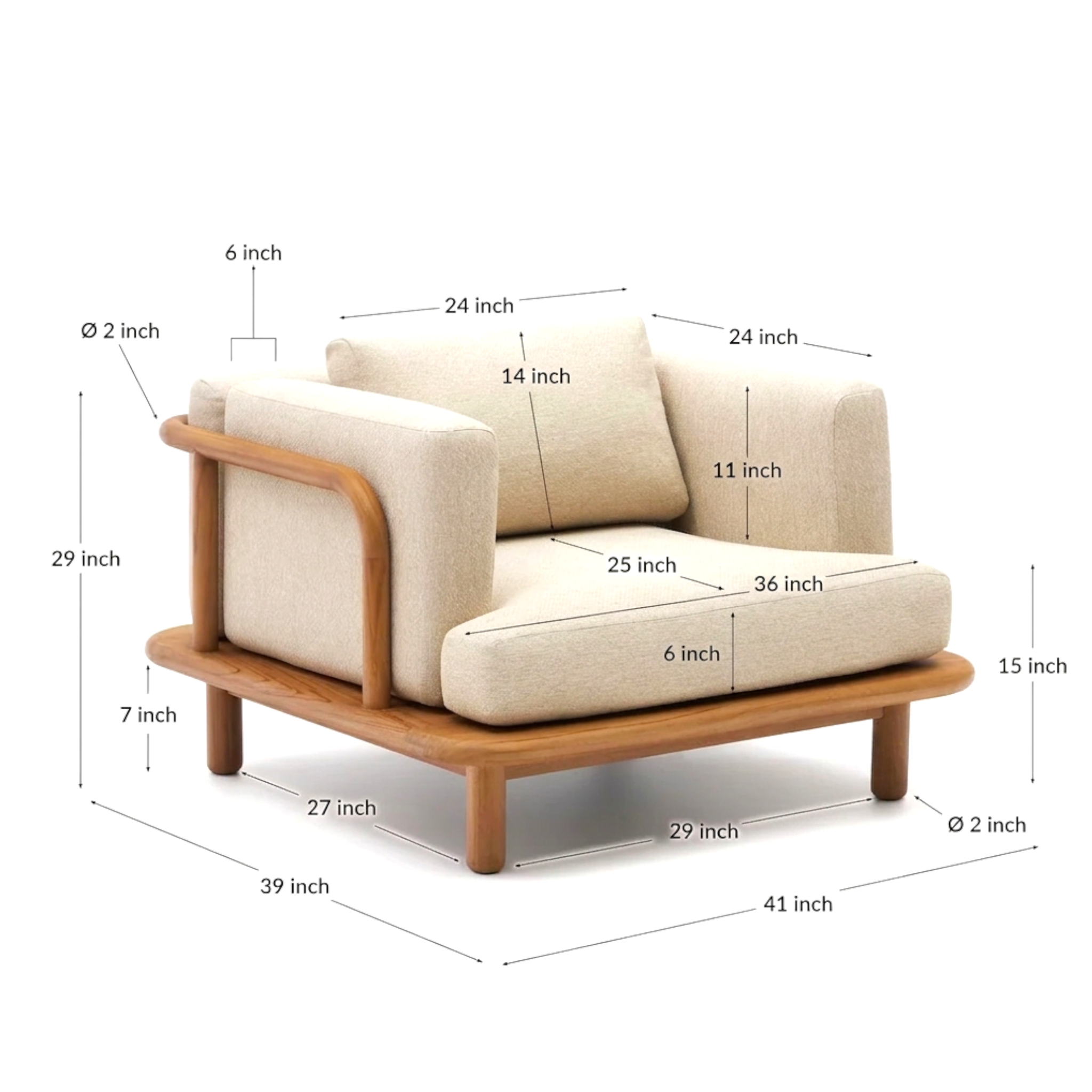 Arcadia solid teakwood lounge chair front facing view with cream upholstery and teak platform base — Woodkraft Studio Hyderabad
