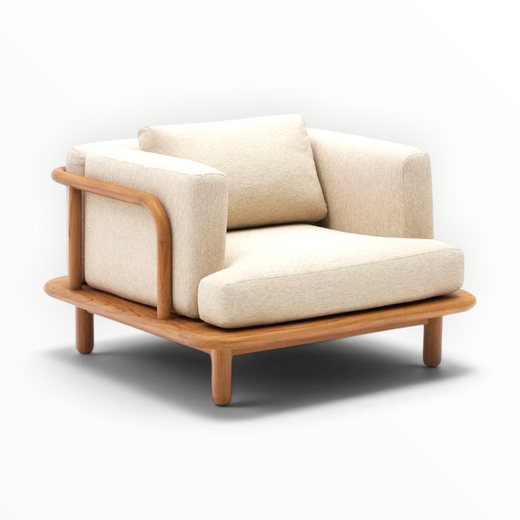 Arcadia teakwood lounge chair side view showing U-shaped teak arm and platform base — Woodkraft Studio Hyderabad