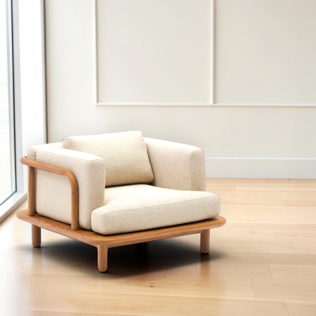 Arcadia solid teakwood lounge chair angled view with cream woven upholstery — Woodkraft Studio Hyderabad