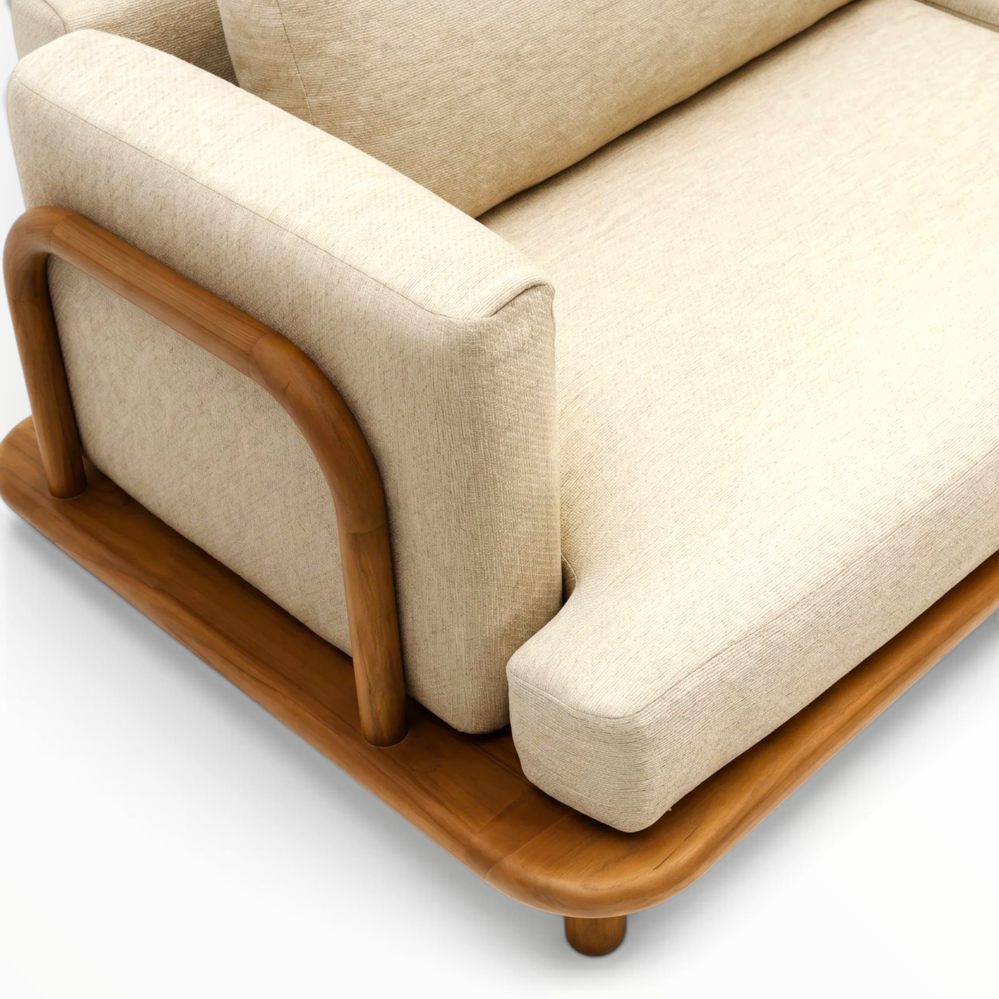 Arcadia teakwood sofa close-up of fabric texture and solid teak frame joint - Woodkraft Studio Hyderabad