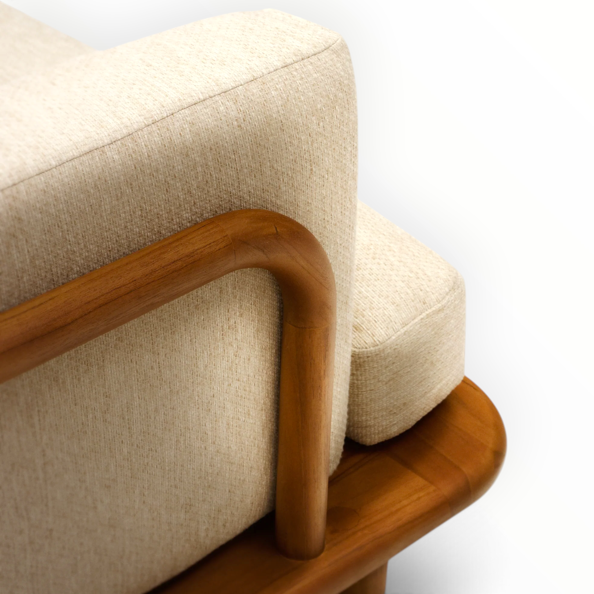 Arcadia solid teakwood sofa 3 seater full view with beige fabric and teak frame - Woodkraft Studio Hyderabad