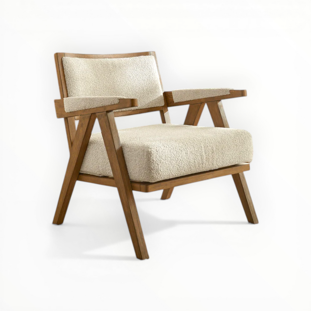 Wooden armchair with beige cushion on a white background