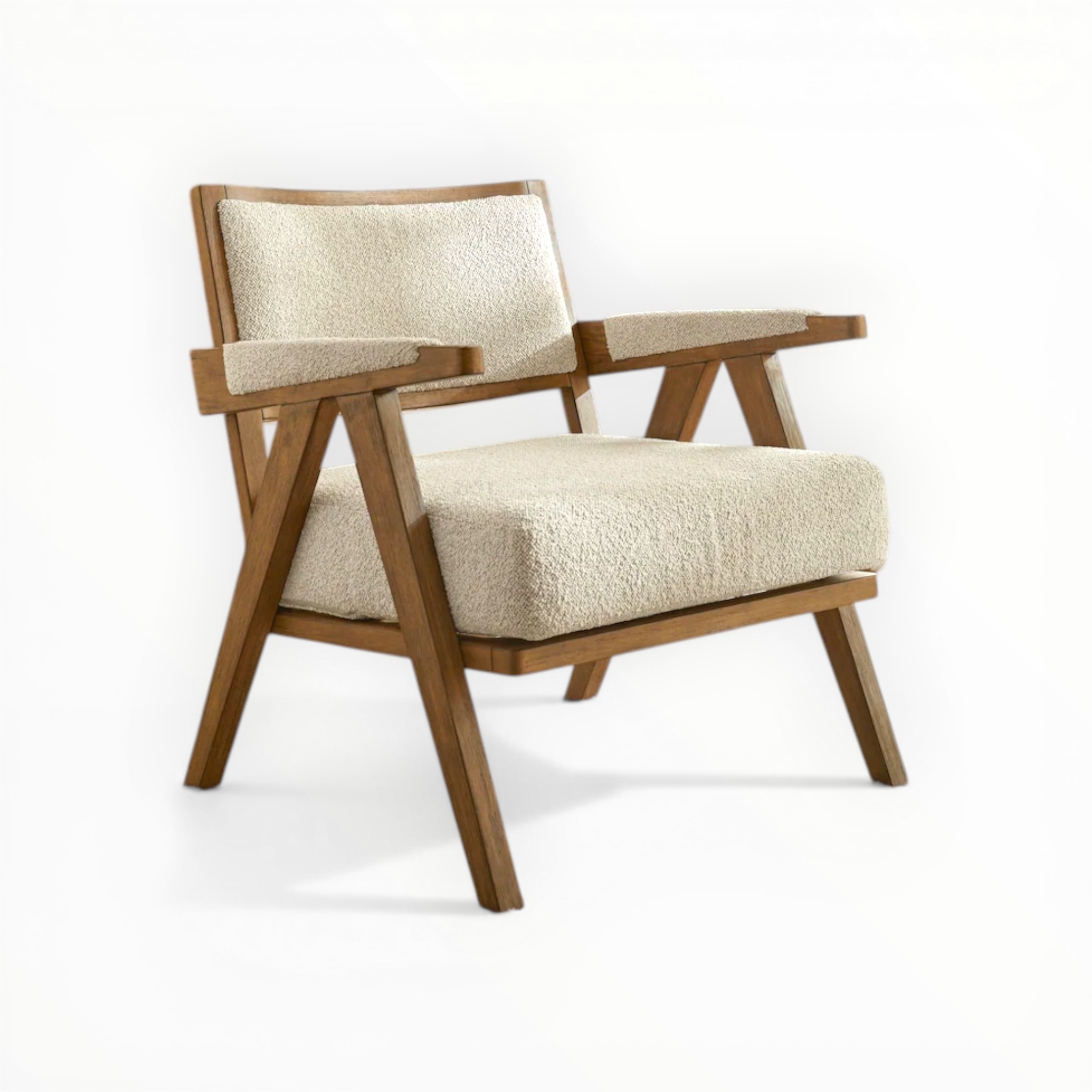 Wooden armchair with beige cushion on a white background