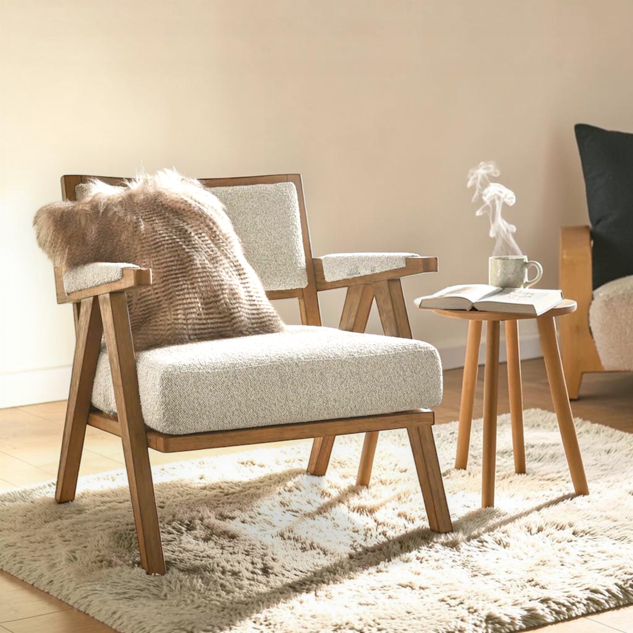 Modern armchair with wooden frame and beige cushion in a cozy living room setting.