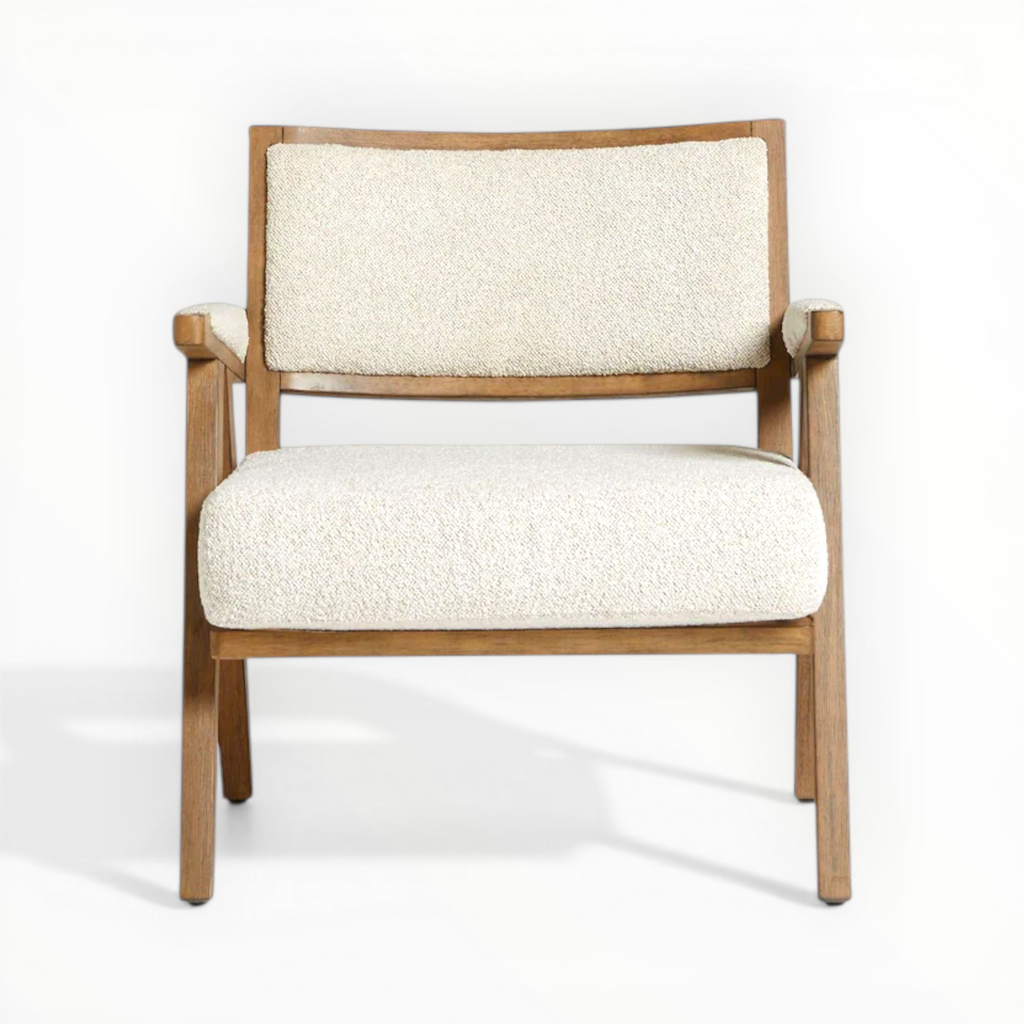 Chair with wooden frame and white cushion on a white background