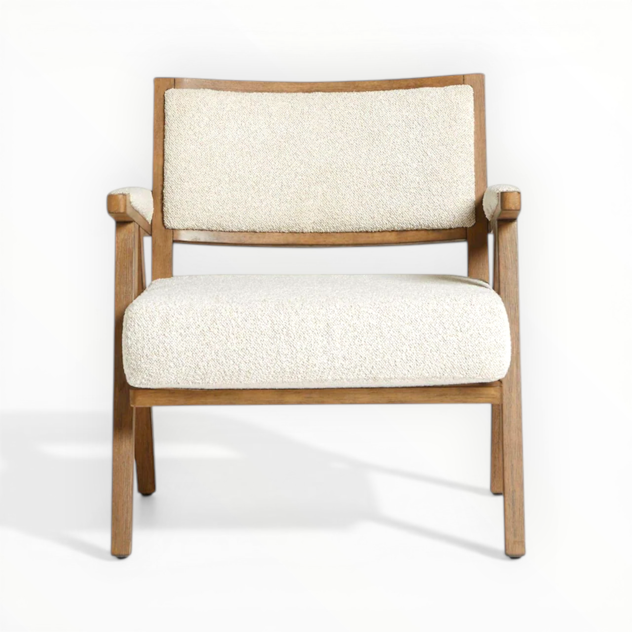 Chair with wooden frame and white cushion on a white background