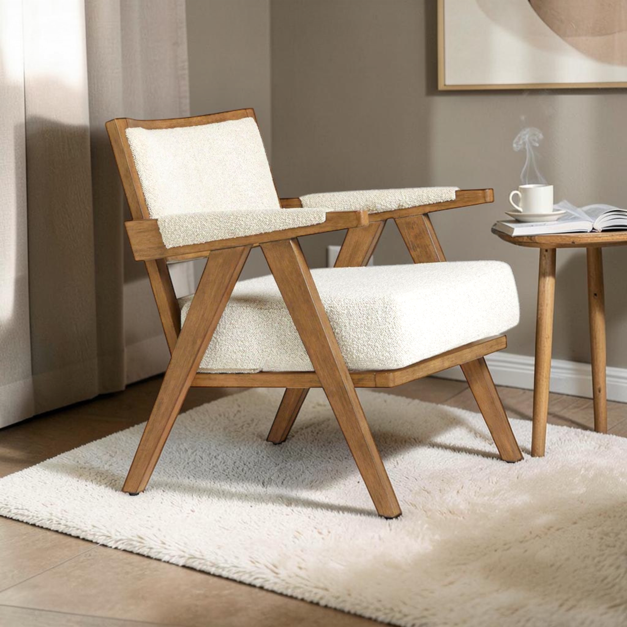 Wooden armchair with white cushion in a room setting