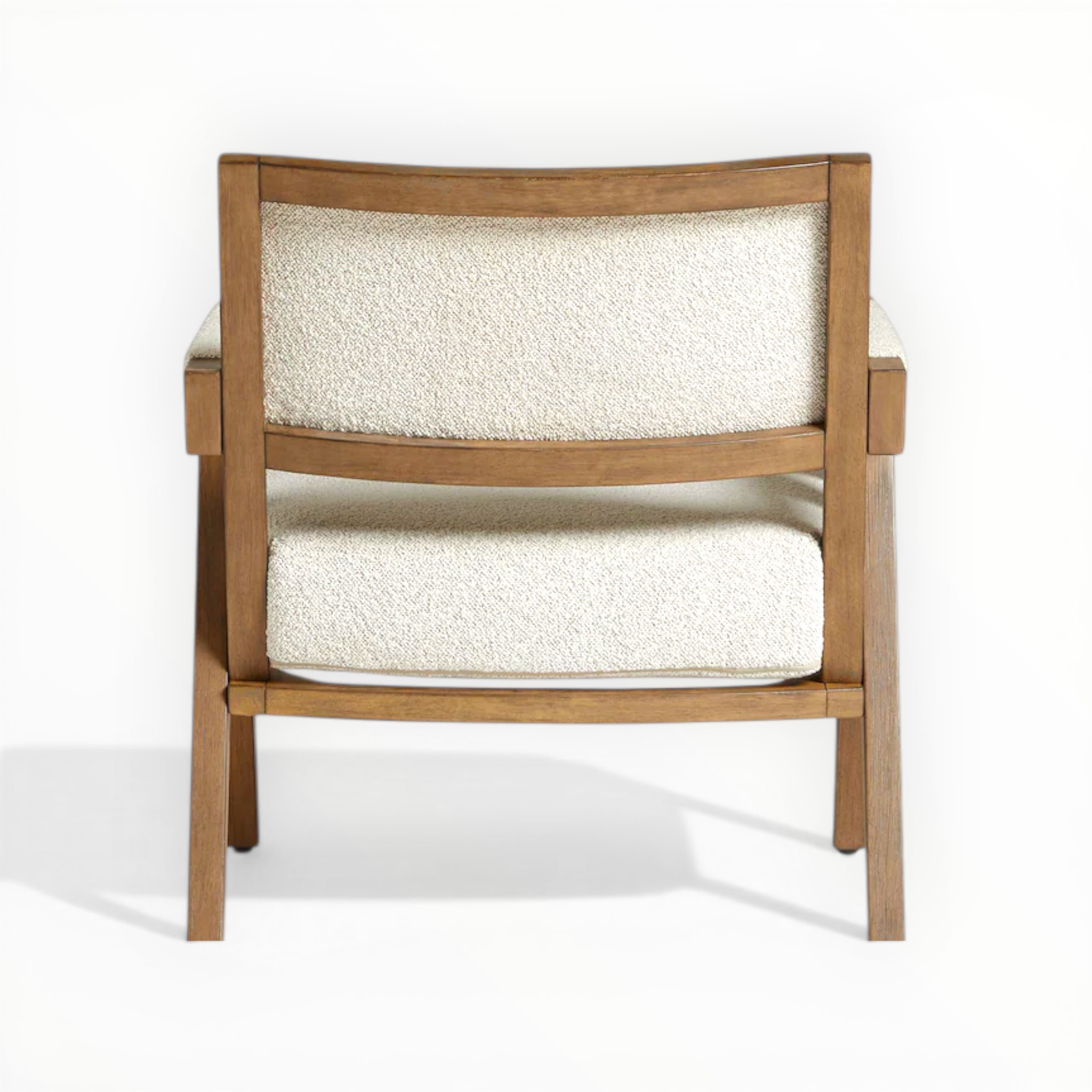Chair with wooden frame and white cushion on a white background