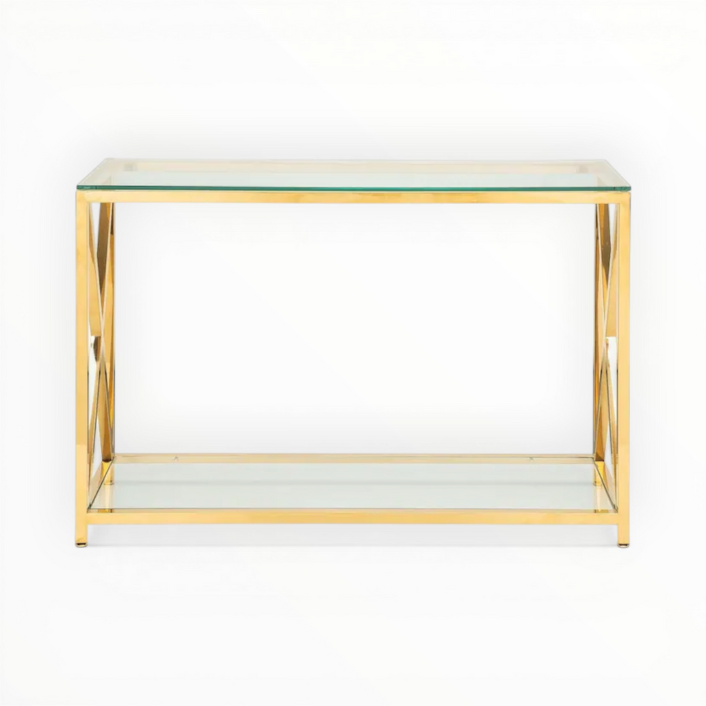Glass side table with gold metal frame on a white background