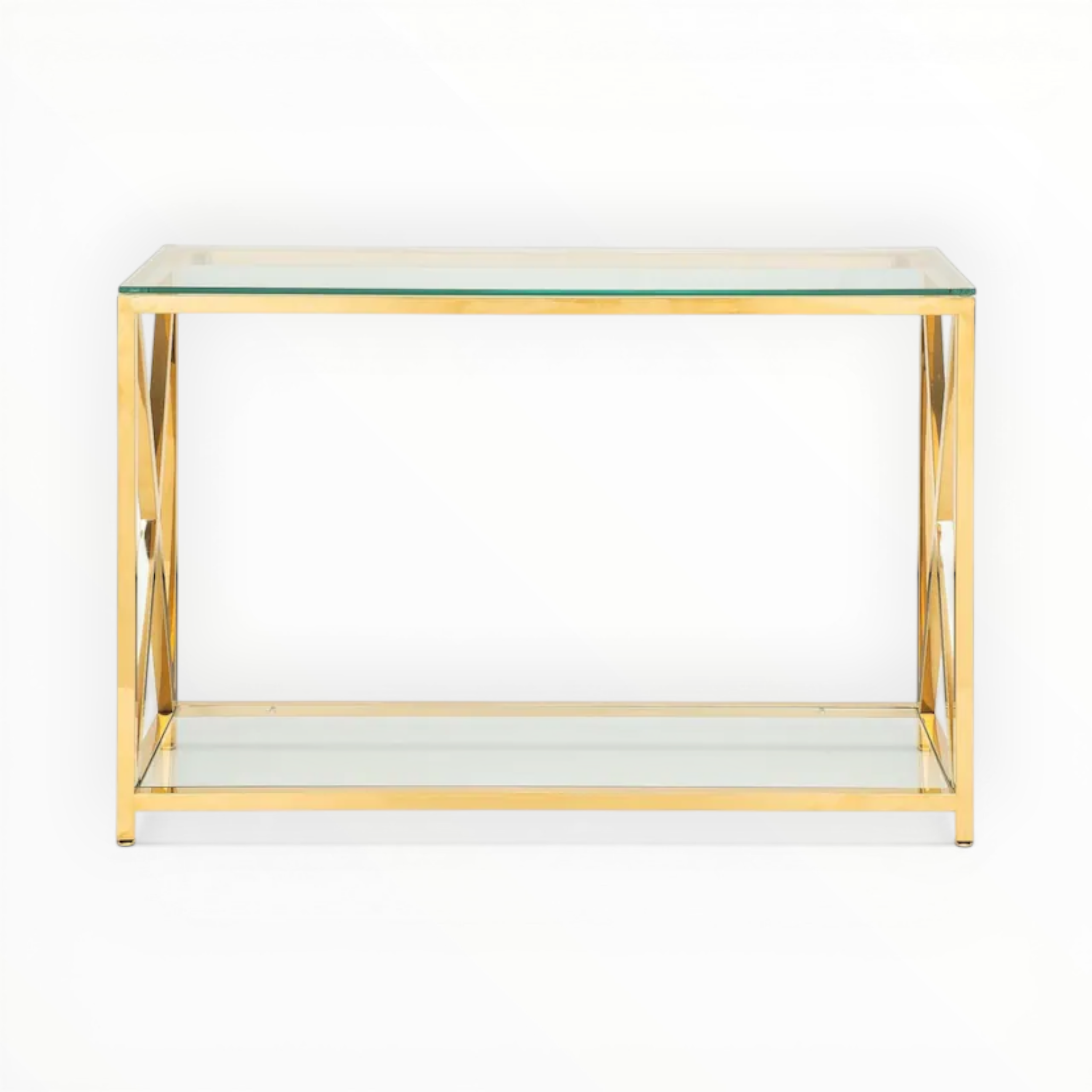 Glass side table with gold metal frame on a white background