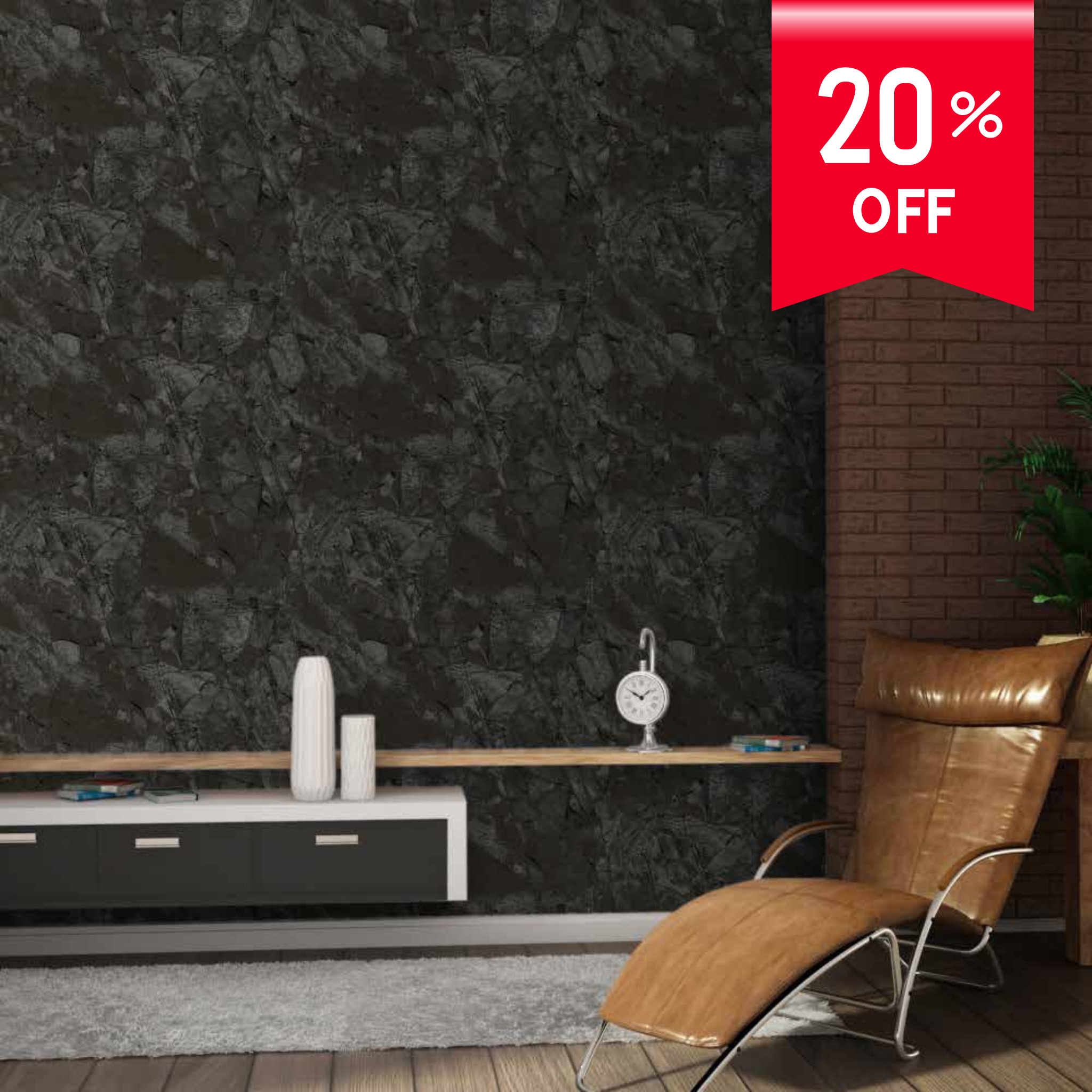 Modern living room with dark textured wallpaper, brown leather chair, and a 20% off sign.
