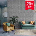 Living room with a yellow armchair and green sofa, featuring a 20% off sale banner.