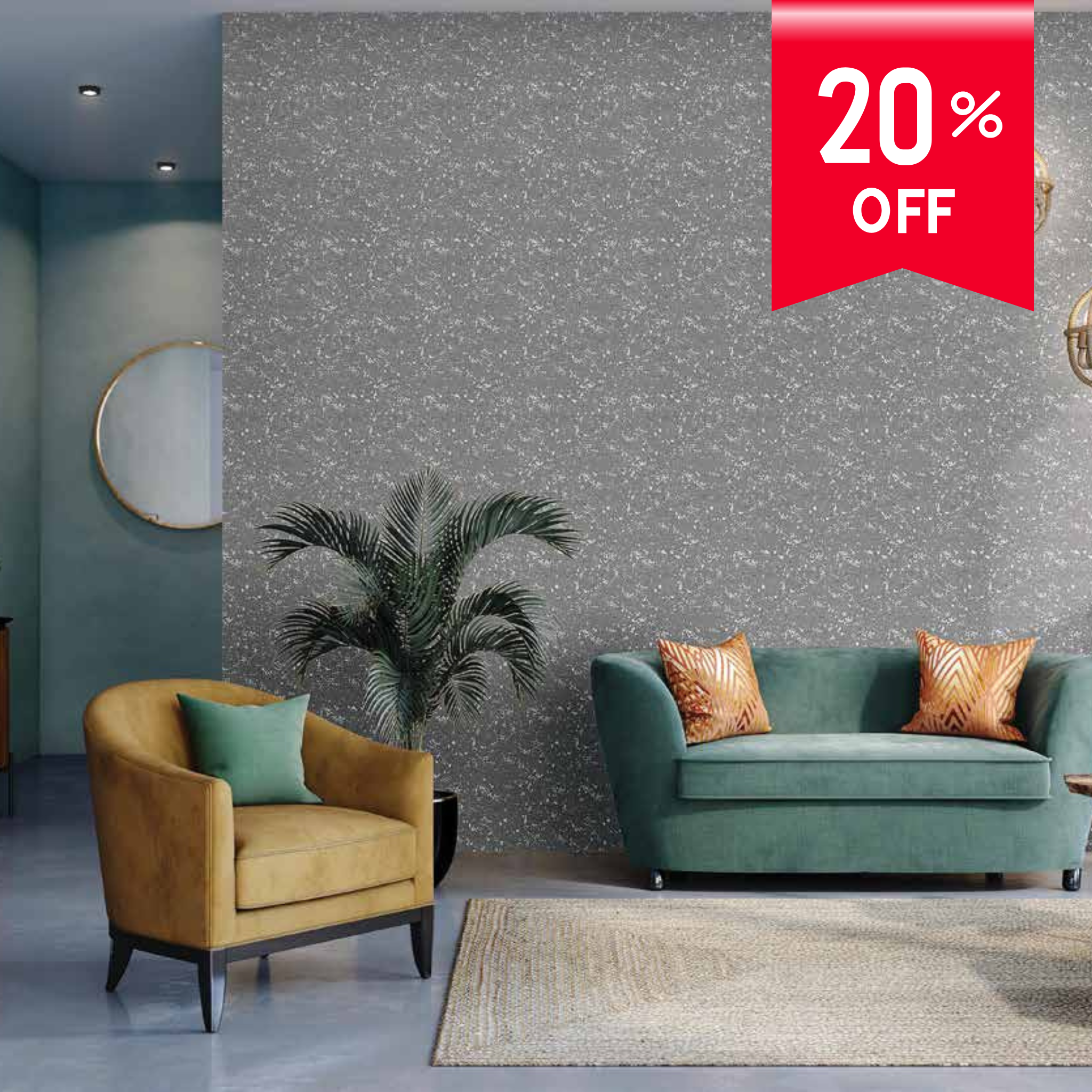Living room with a yellow armchair and green sofa, featuring a 20% off sale banner.