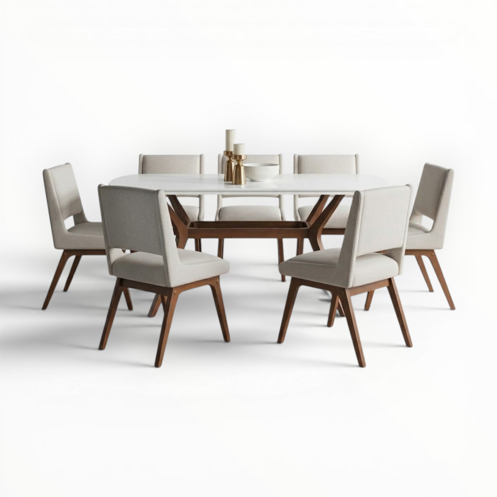 Dining table set with chairs on a white background