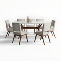 Dining table set with chairs on a white background