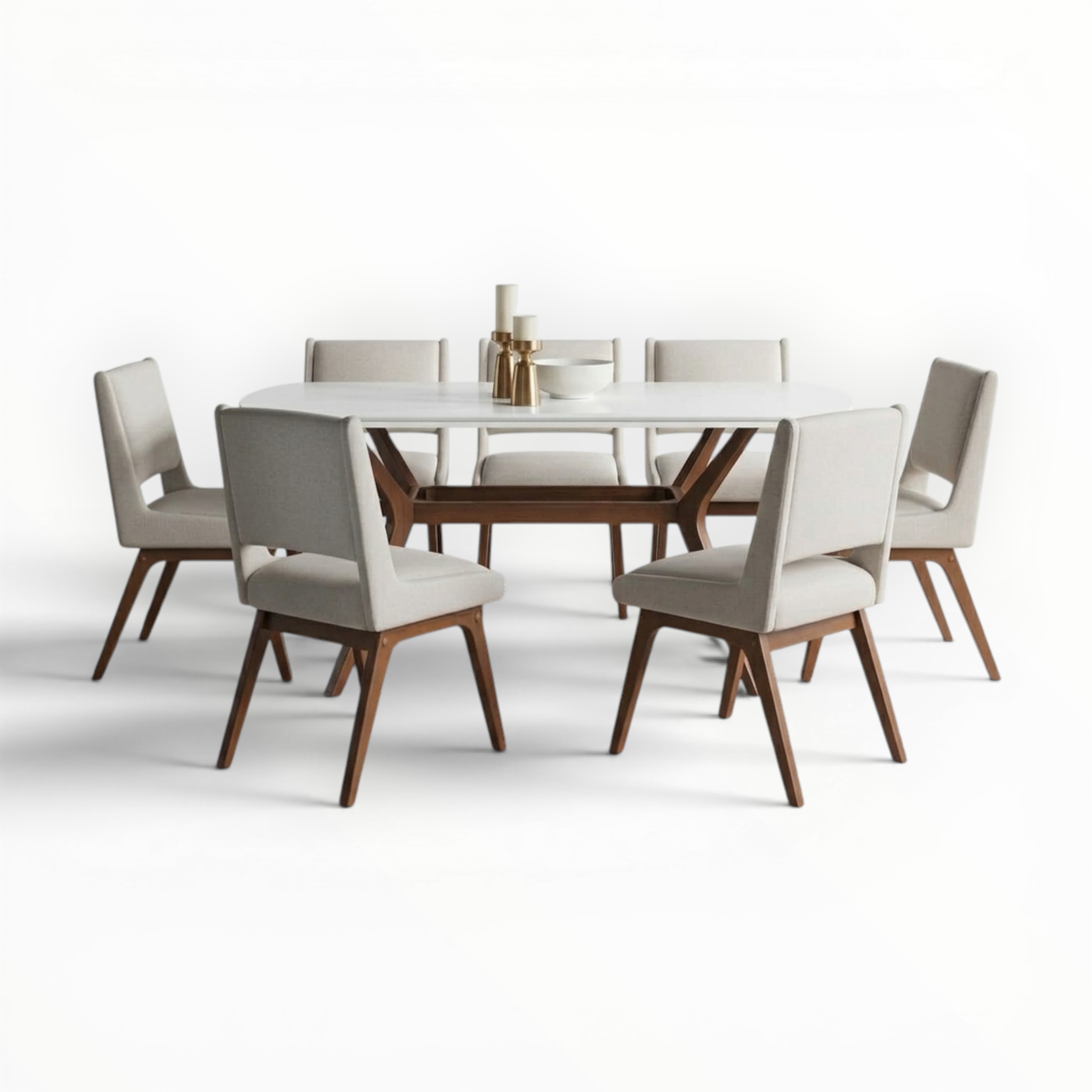 Dining table set with chairs on a white background