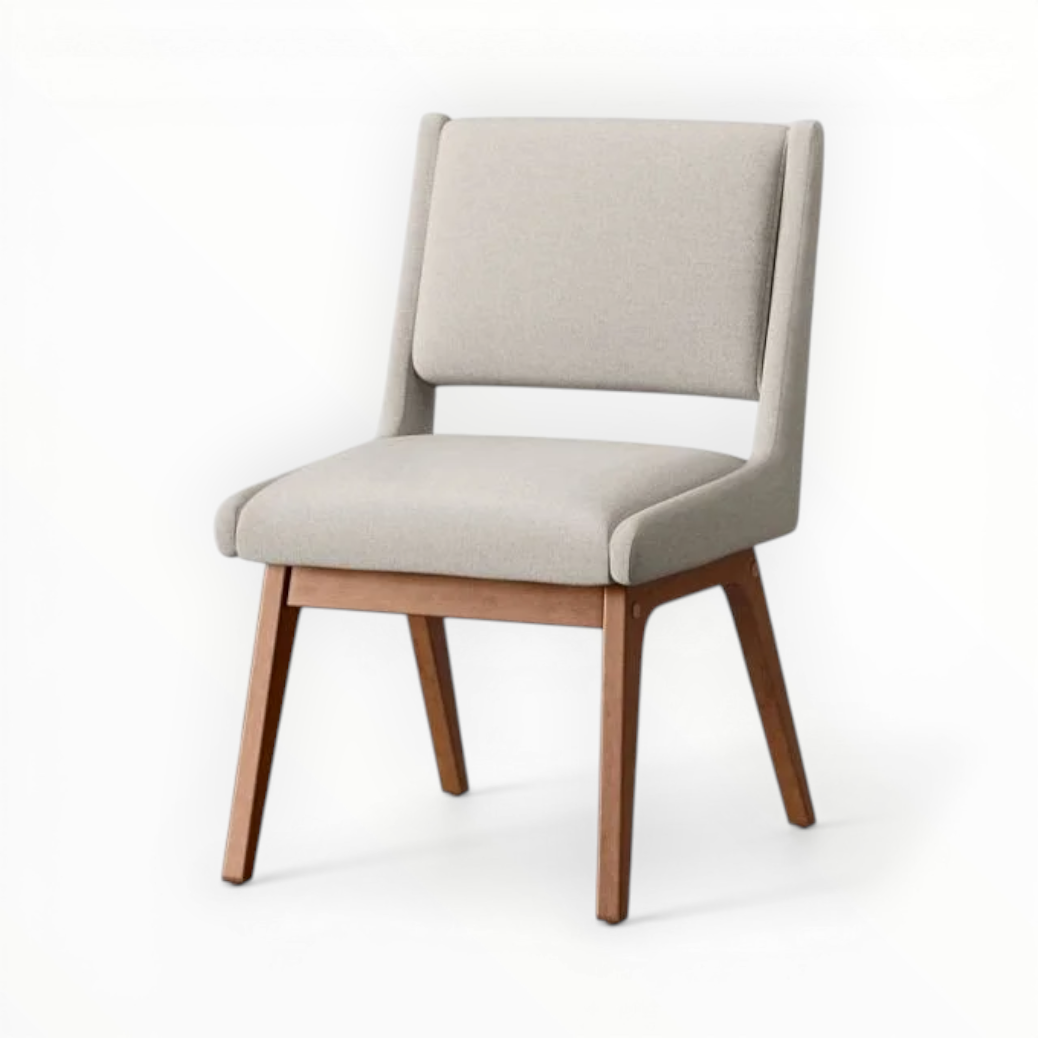 Beige upholstered chair with wooden legs on a white background