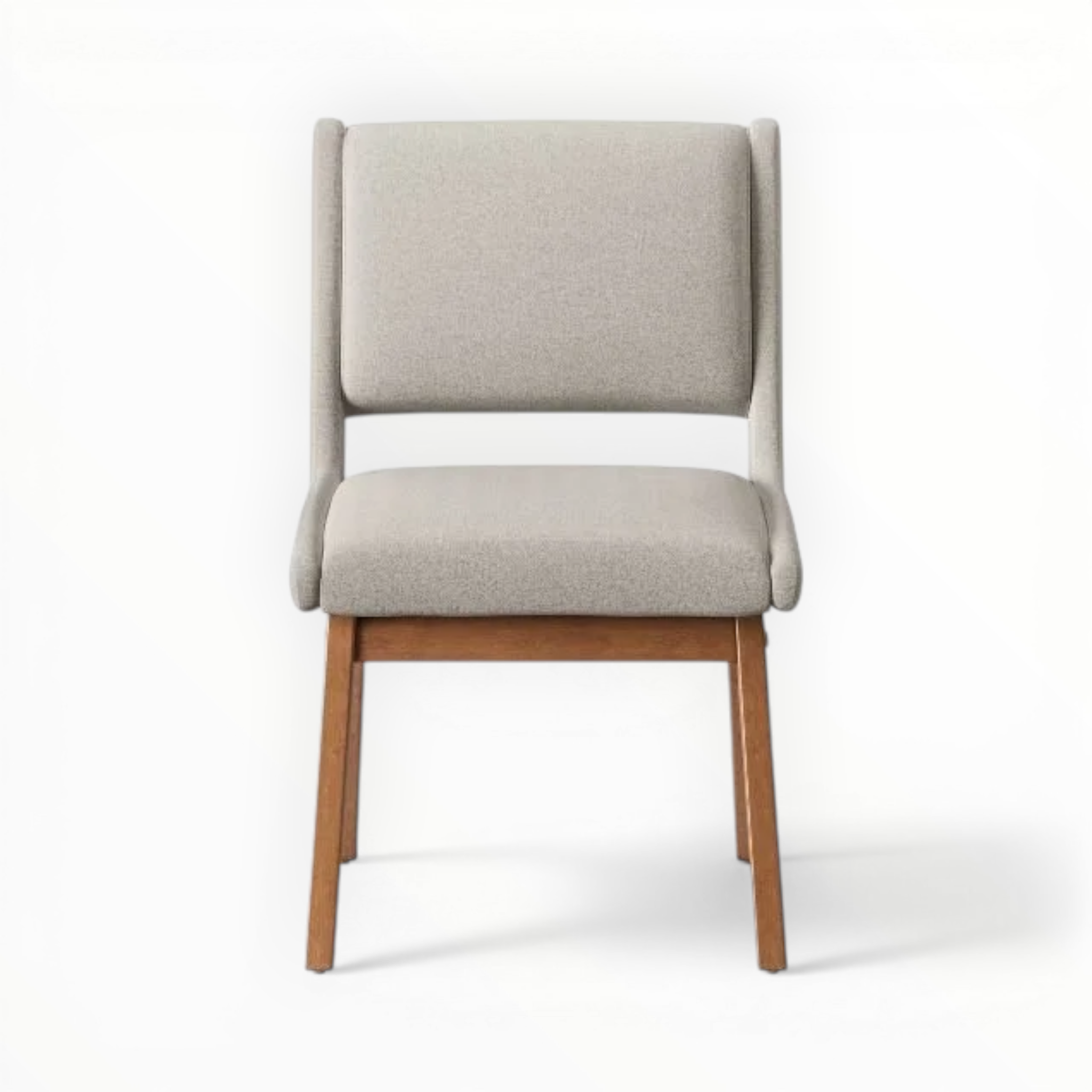 Gray upholstered chair with wooden legs on a white background