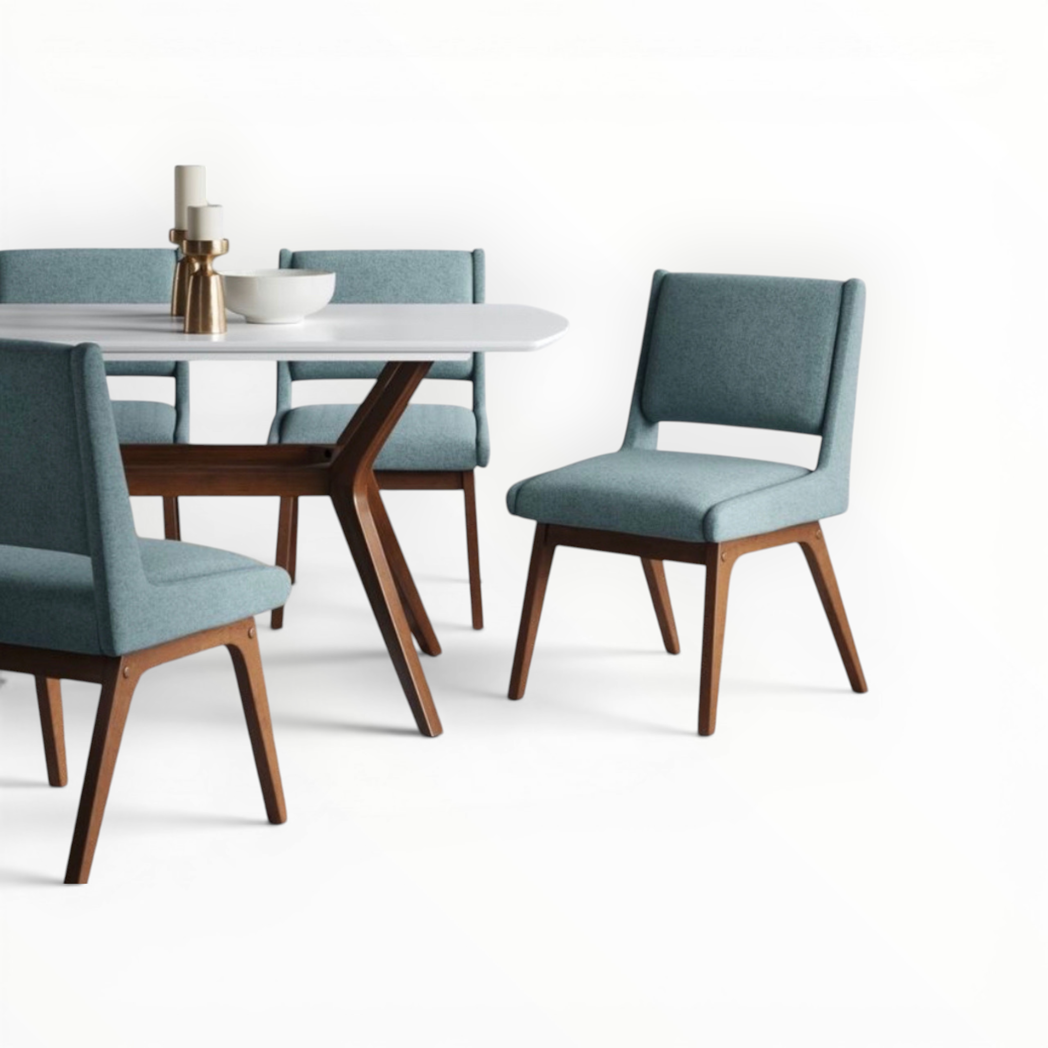 Dining table set with blue chairs on a white background