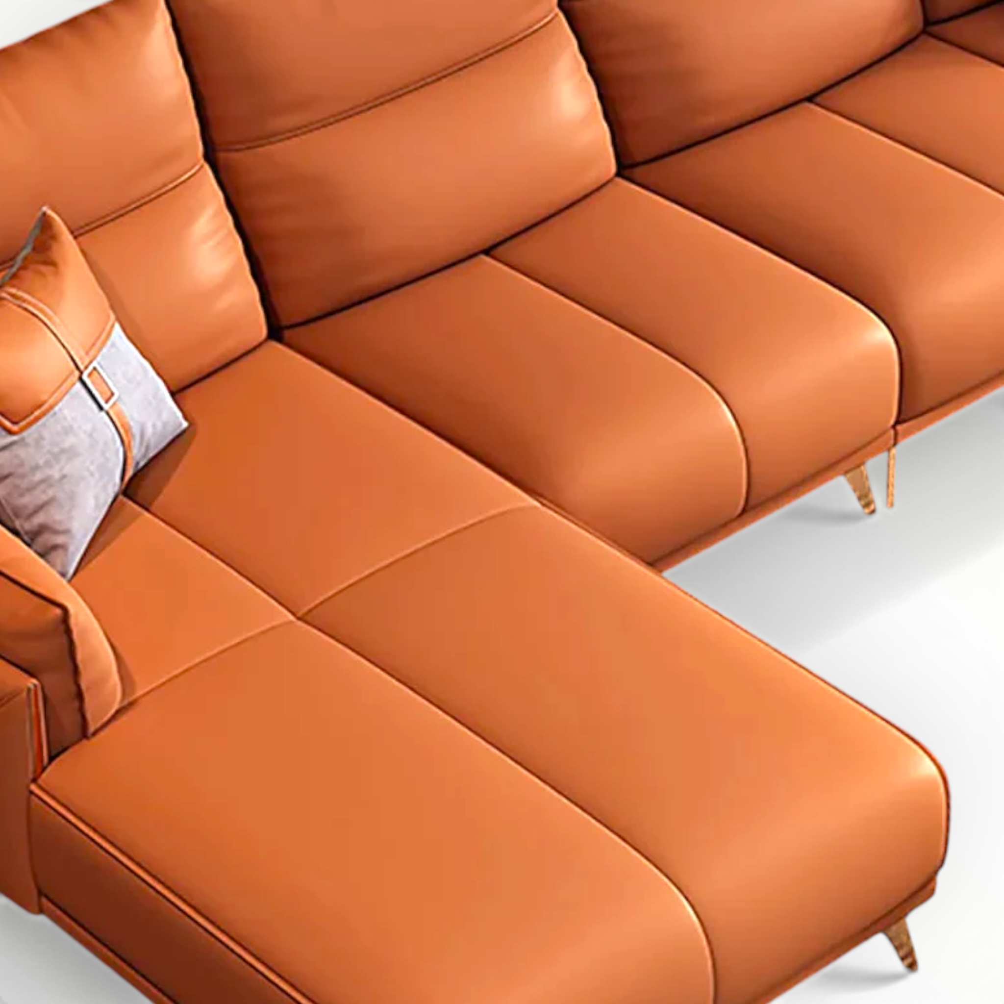 Orange sectional sofa with a pillow on a light gray background