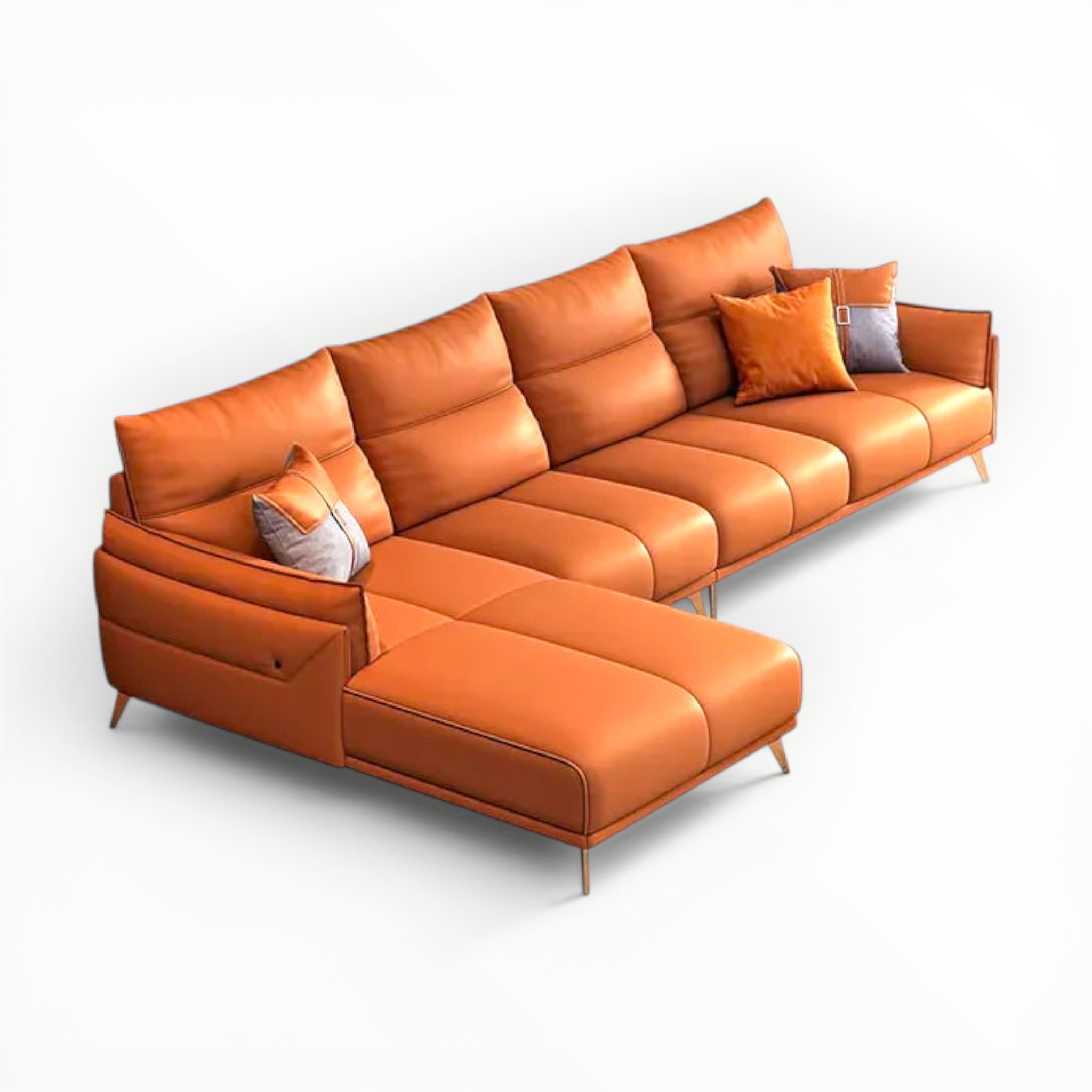 Orange sectional sofa with cushions on a white background