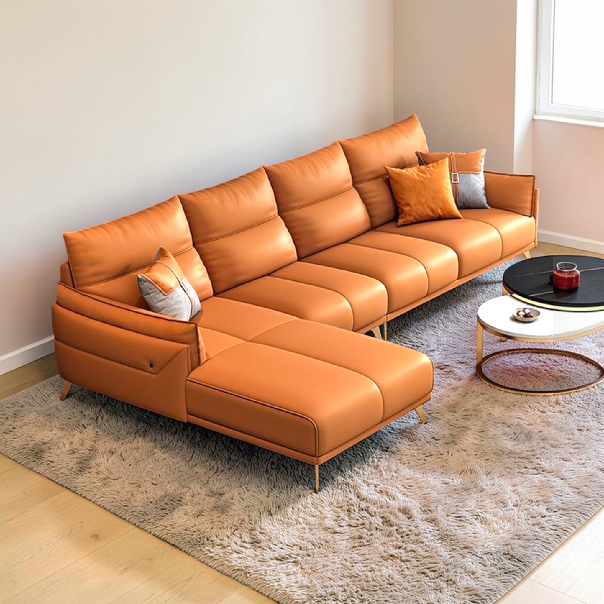 Orange sectional sofa in a living room setting with a coffee table and rug.