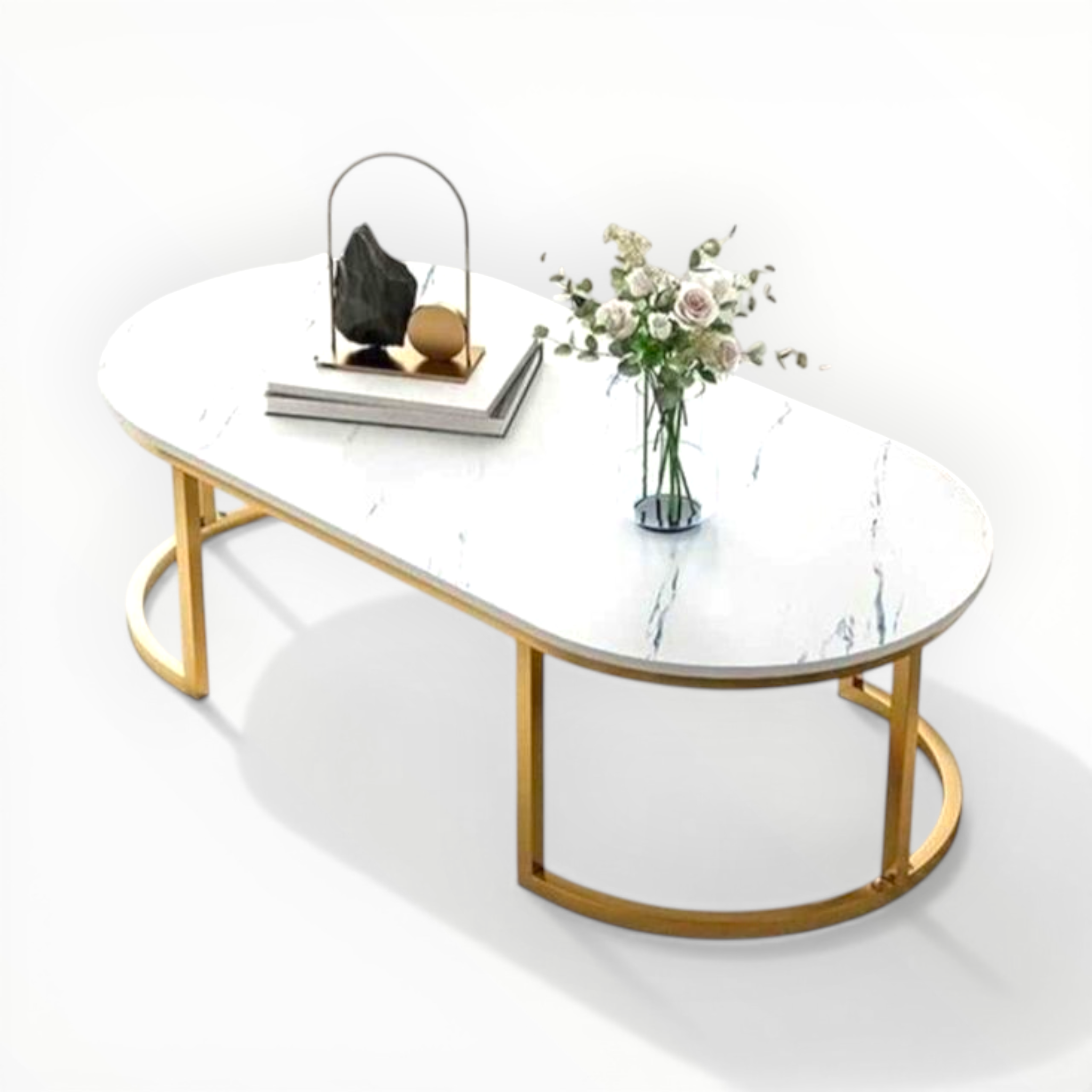 Modern coffee table with marble top and gold frame on a white background