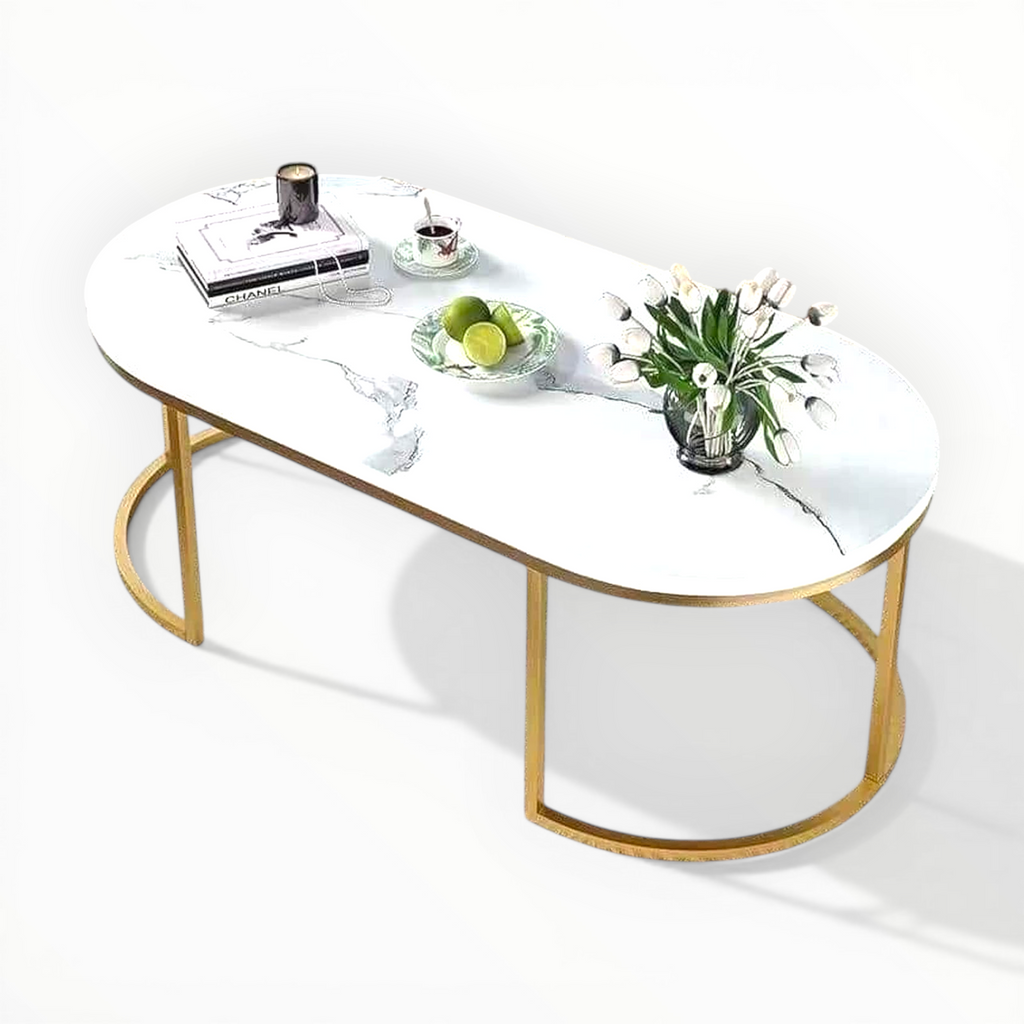 White marble coffee table with gold frame on a white background