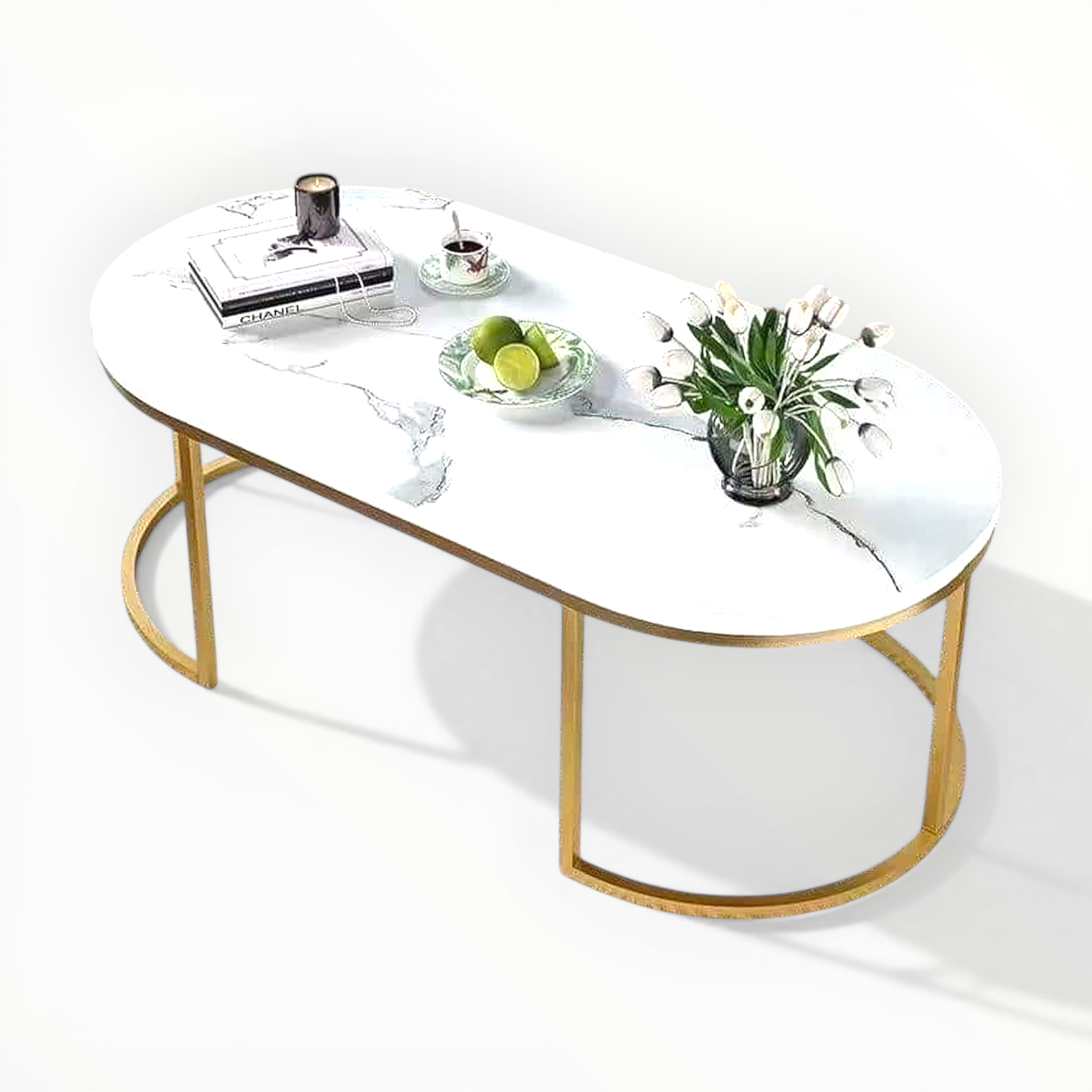 White marble coffee table with gold frame on a white background