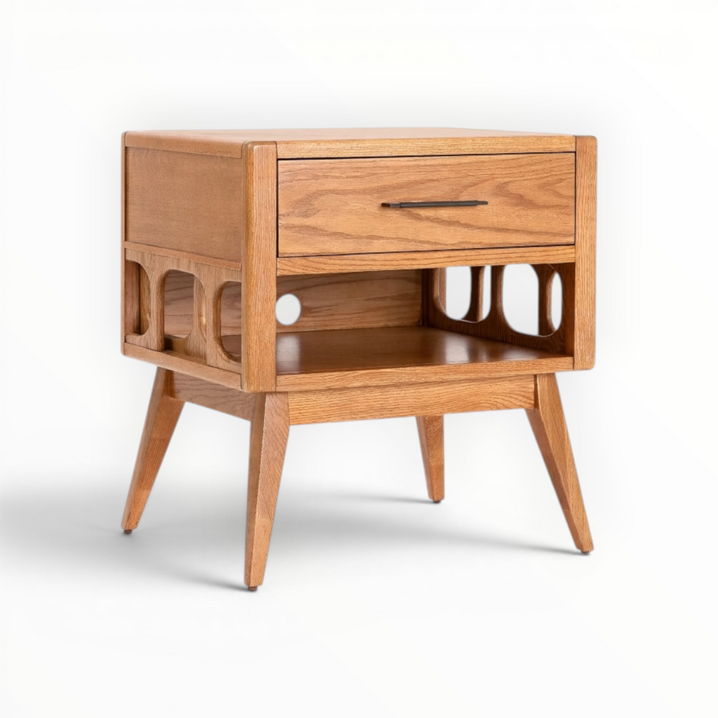 Wooden nightstand with a drawer on a white background