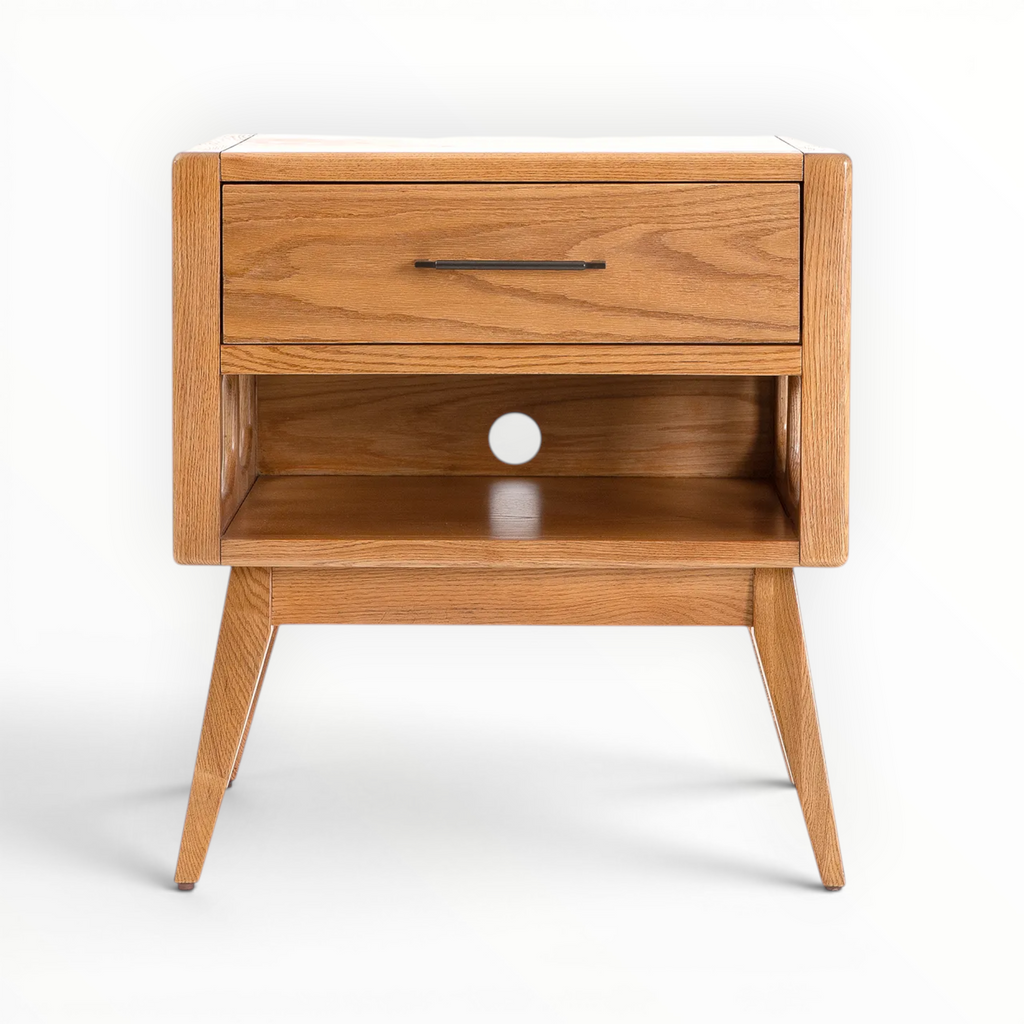 Wooden nightstand with a drawer and shelf on a white background
