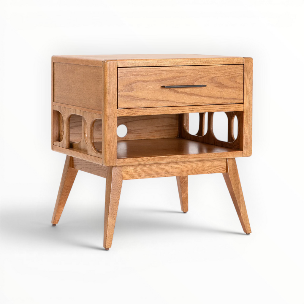 Wooden nightstand with a drawer on a white background