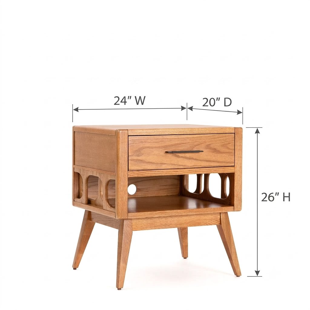 Wooden side table with dimensions labeled on a white background