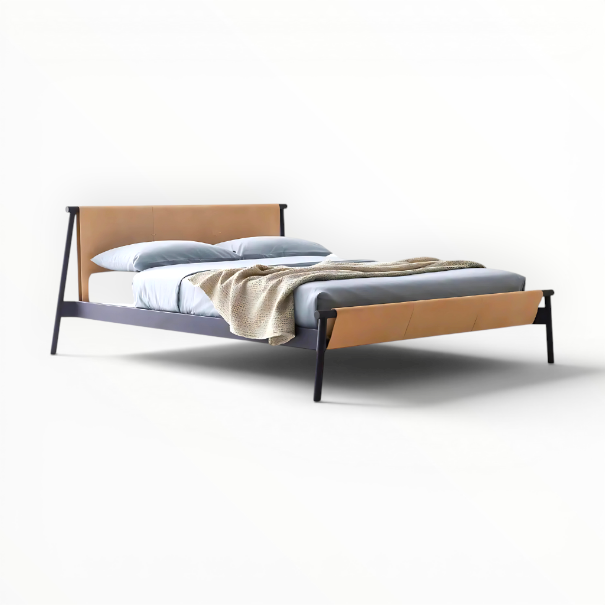 Modern bed with wooden headboard and frame on a white background