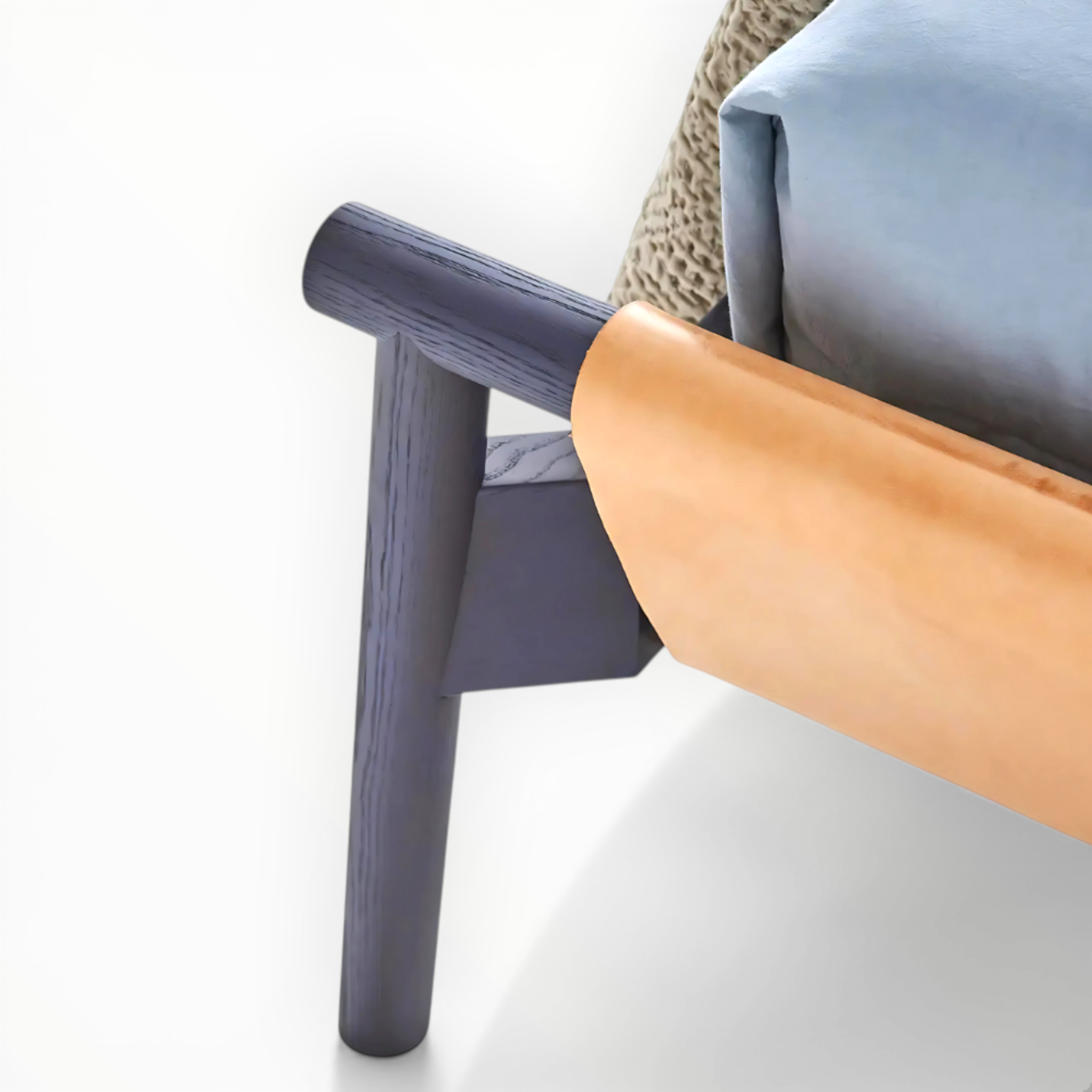 Close-up of a chair with wooden armrest and dark blue armrest on a light background
