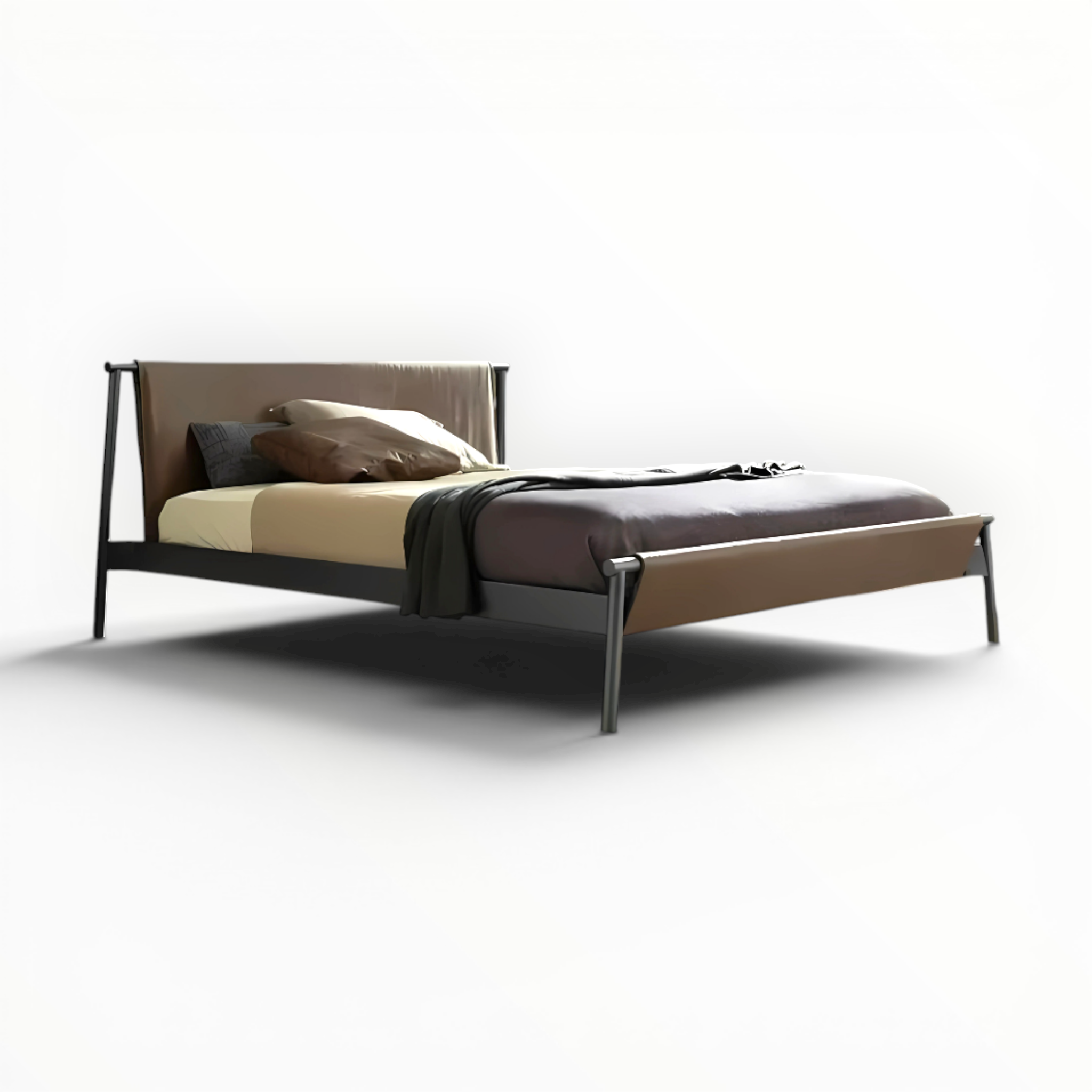 Beige bed with black frame on a white background