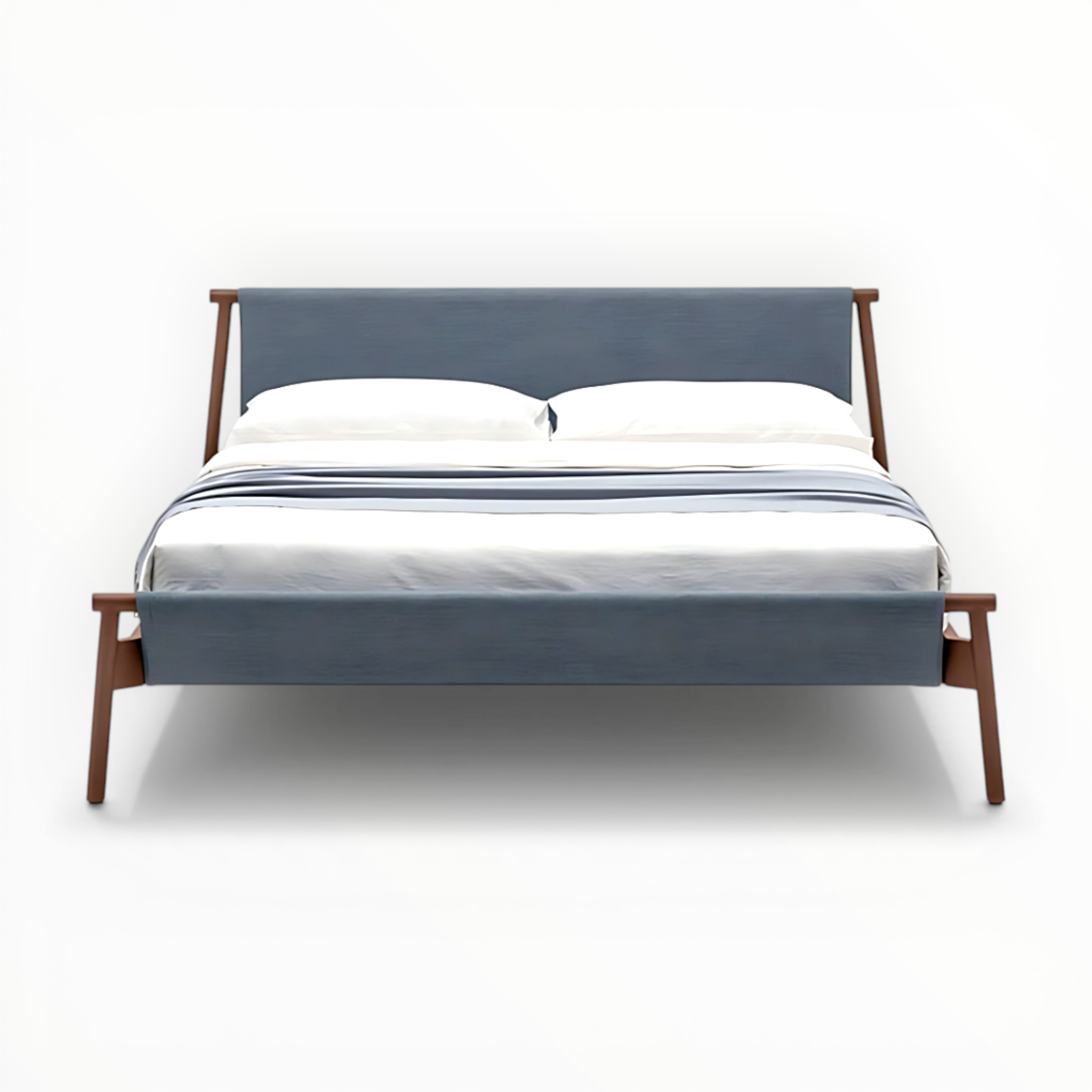 Bed with wooden frame and blue upholstered headboard on a white background