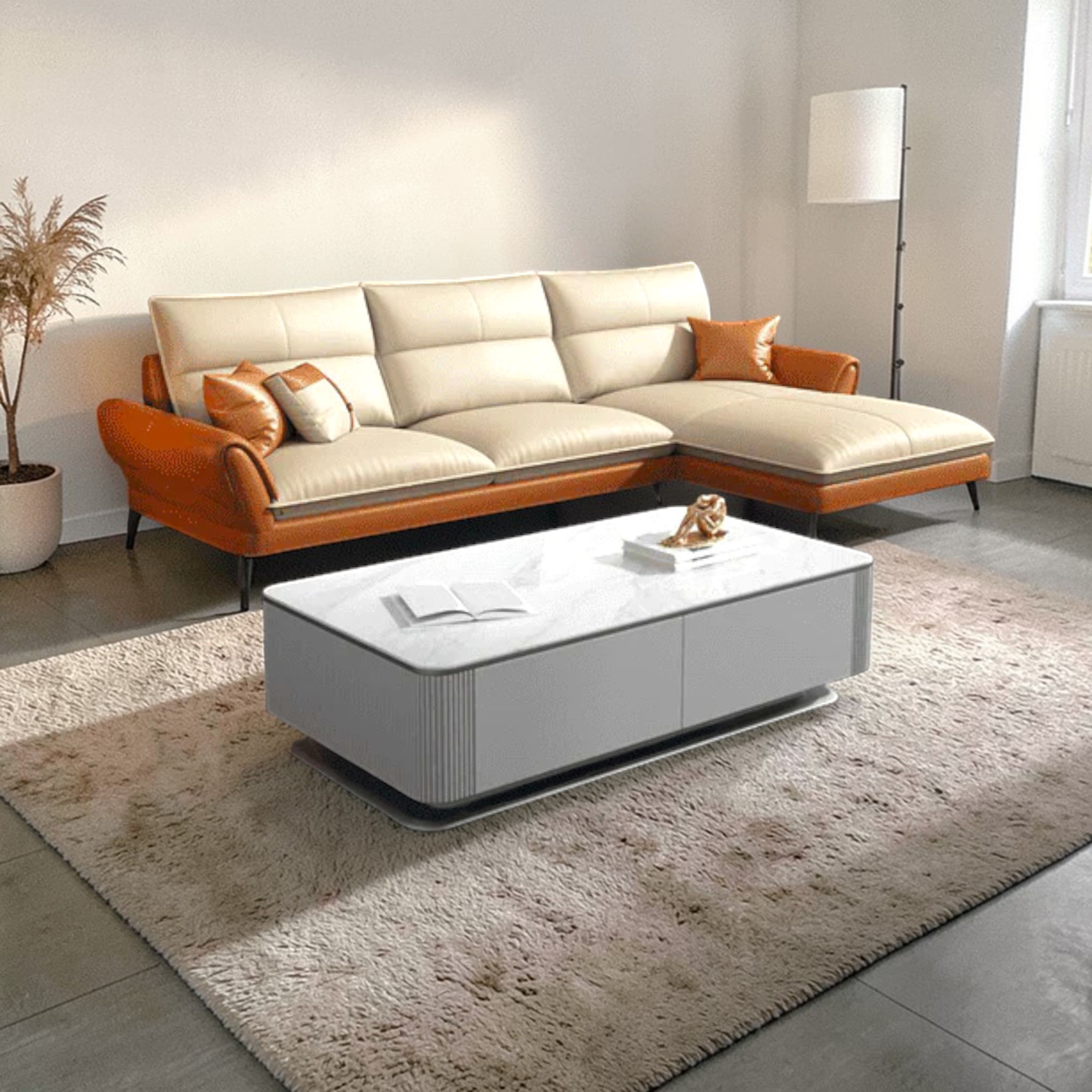Modern living room with a beige sectional sofa and a white coffee table.