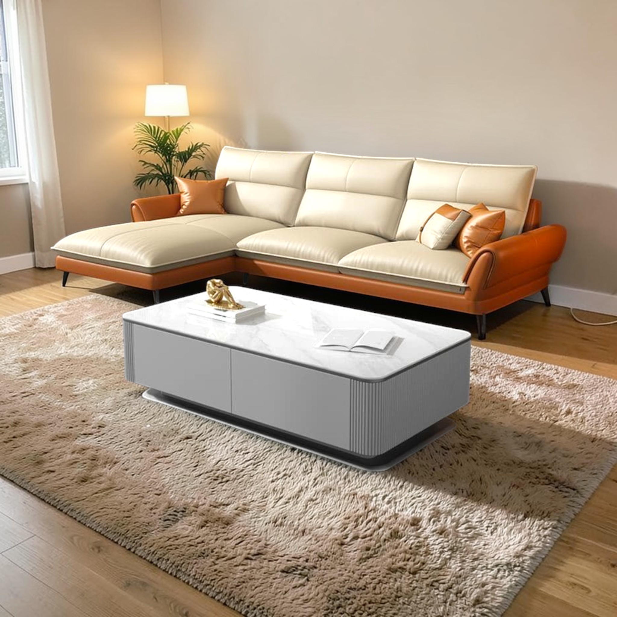 Modern living room with a sectional sofa, coffee table, and decorative items.