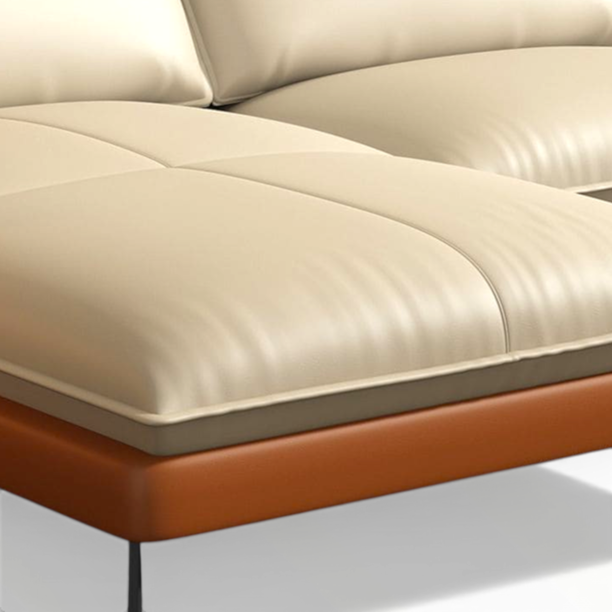 Close-up of a beige and brown leather sofa